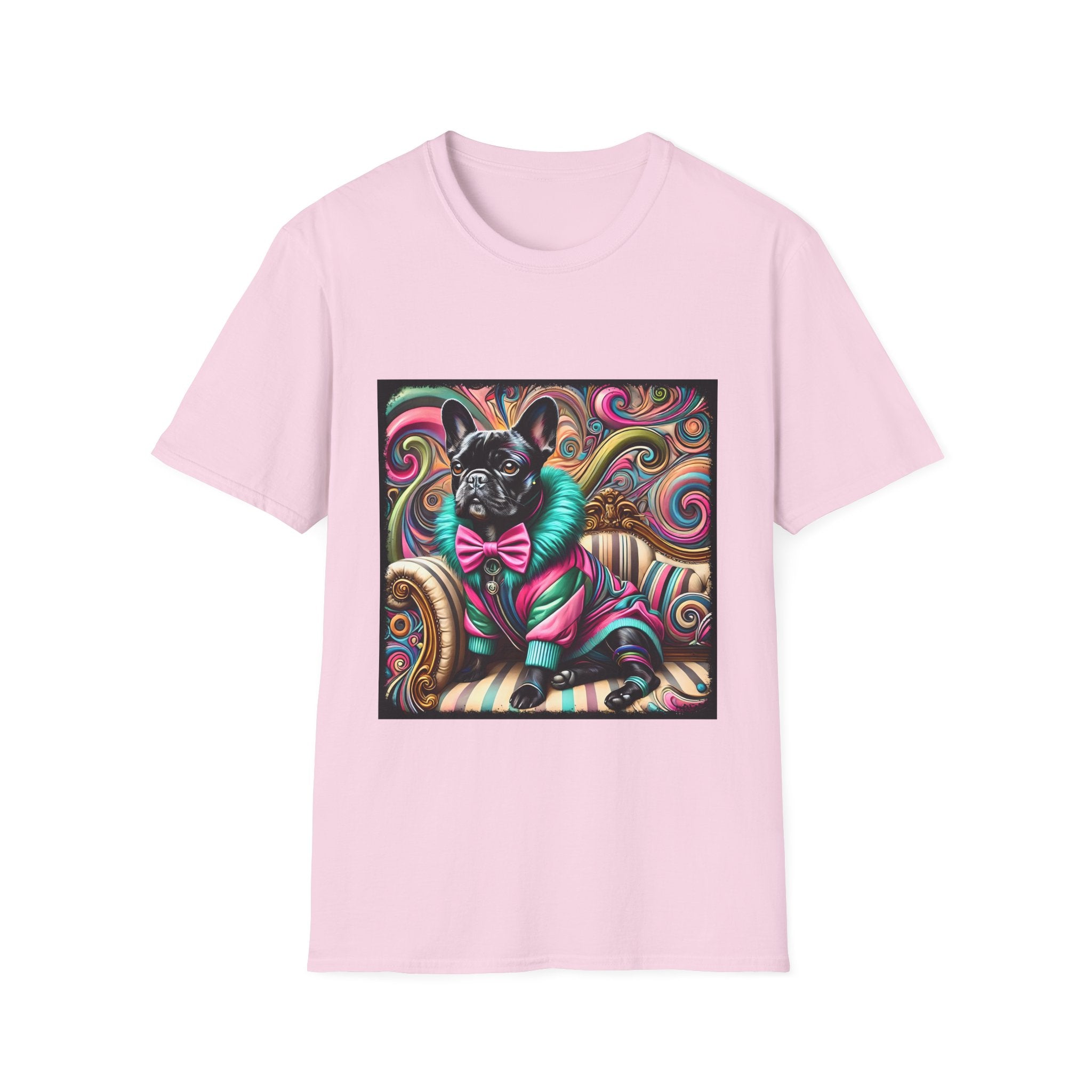 Dog t-shirt in light pink featuring black French Bulldog in pink and teal outfit on ornate striped settee with swirl background.