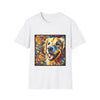 White dog t-shirt featuring smiling golden retriever portrait with bold swirls in orange, gold, and blue.