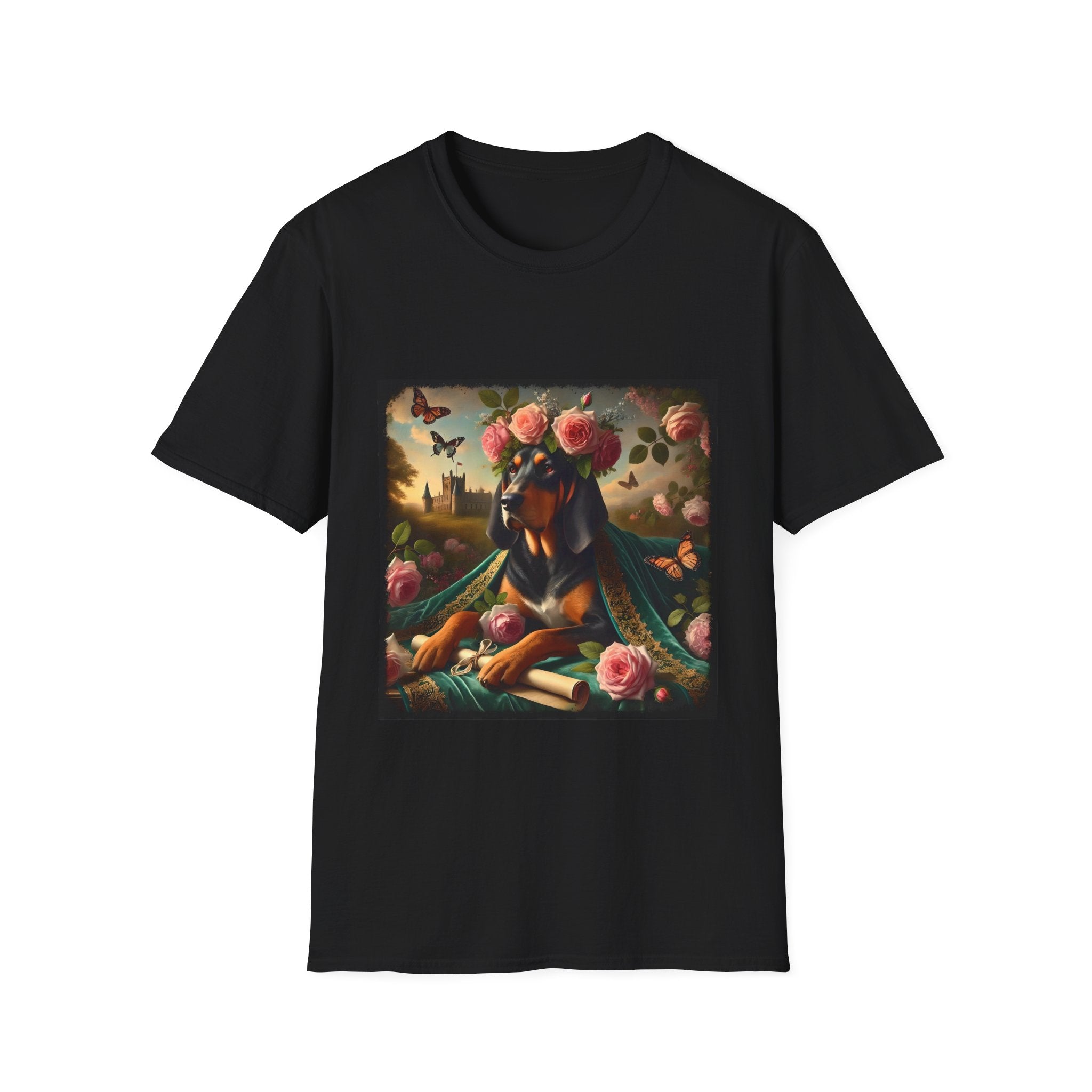 Black dog t-shirt featuring coonhound in rose garden wearing green embroidered cape and crown of pink flowers.