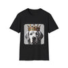Black dog t-shirt featuring a black-and-white golden retriever in jeweled crown on gray backdrop.