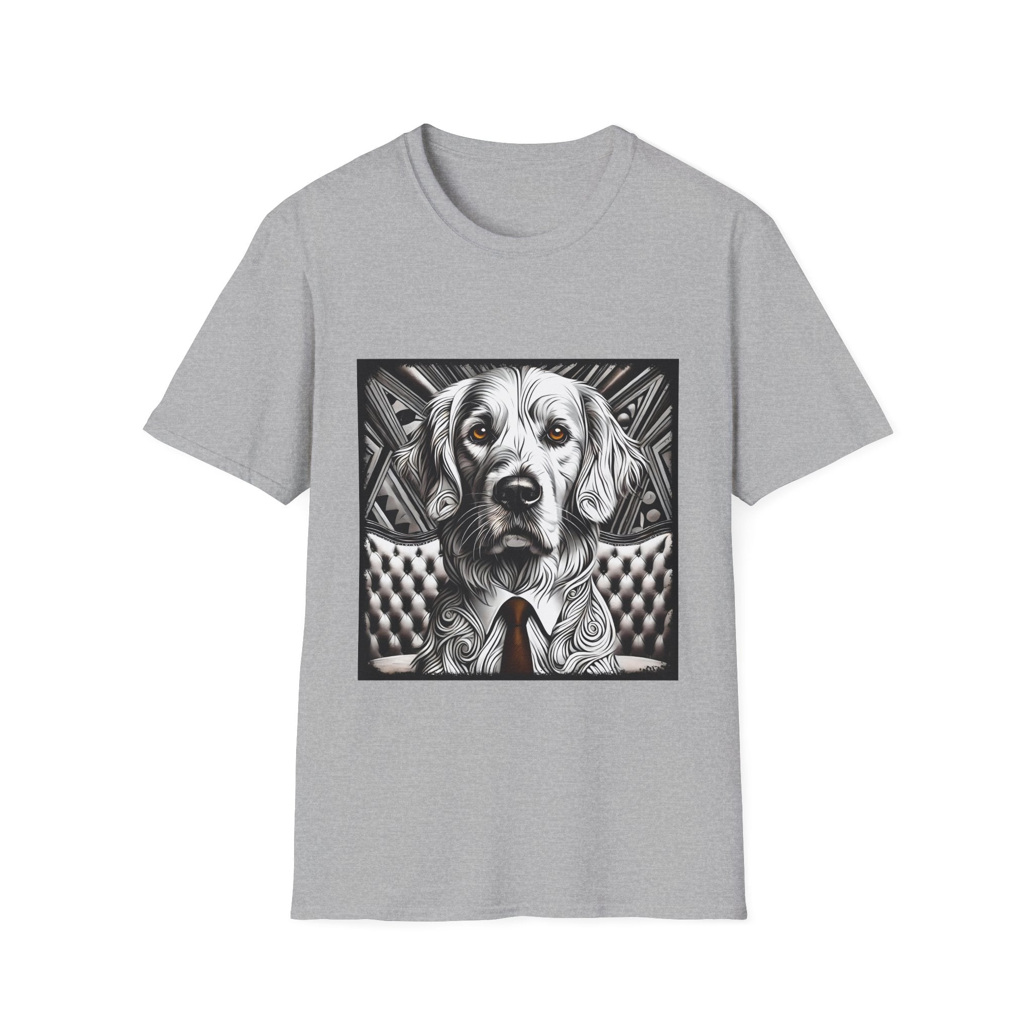 Sport gray dog t-shirt featuring monochrome golden retriever with brown eyes and tie in front of settee.