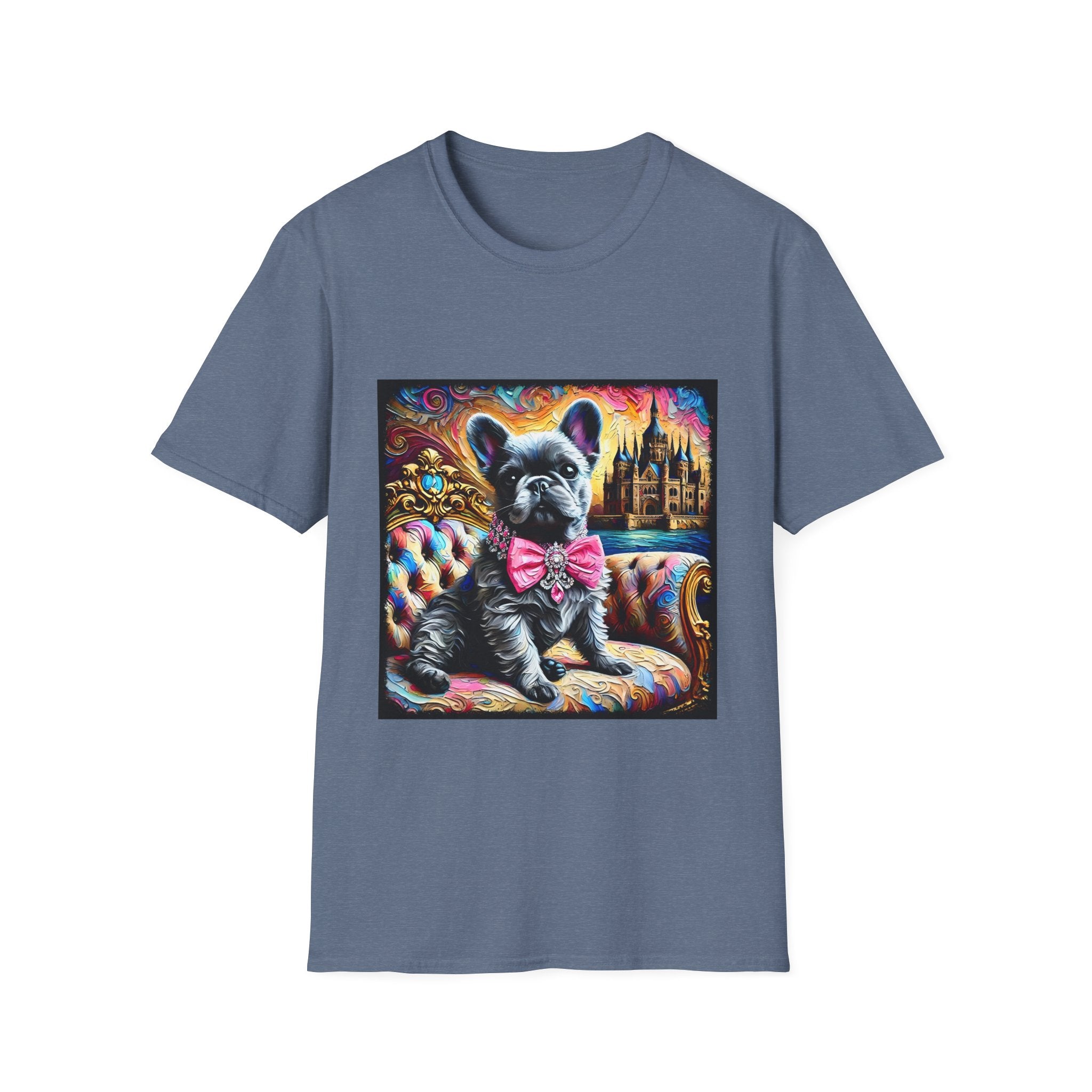 Blue dog t-shirt featuring a black French Bulldog in pink bow on ornate settee, with vivid castle and swirl background.