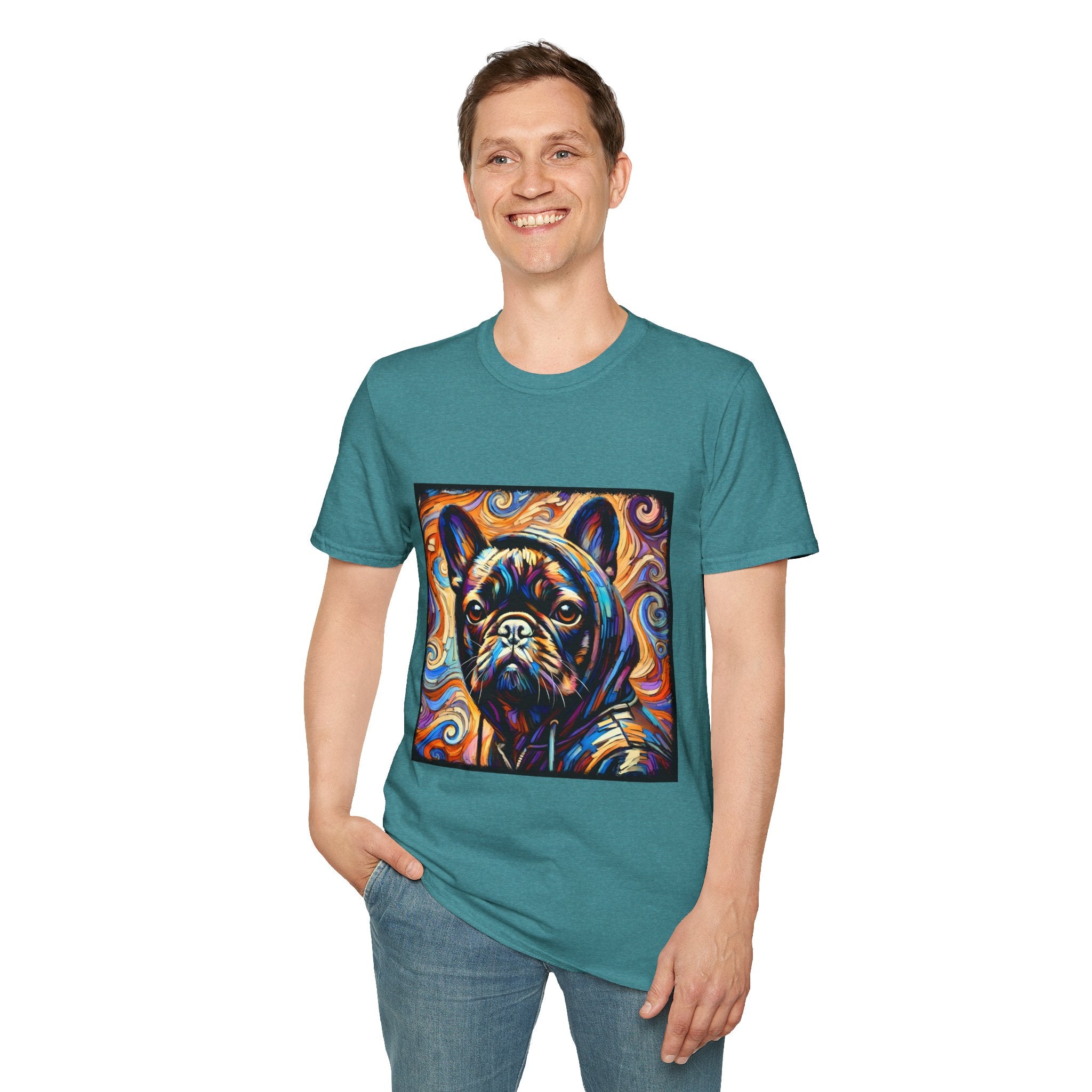 Man smiling in teal dog t-shirt featuring colorful French Bulldog in hoodie with vivid swirl background.