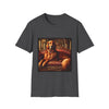 Dark heather dog t-shirt with golden retriever on red settee, pearl collar, and regal columned backdrop.