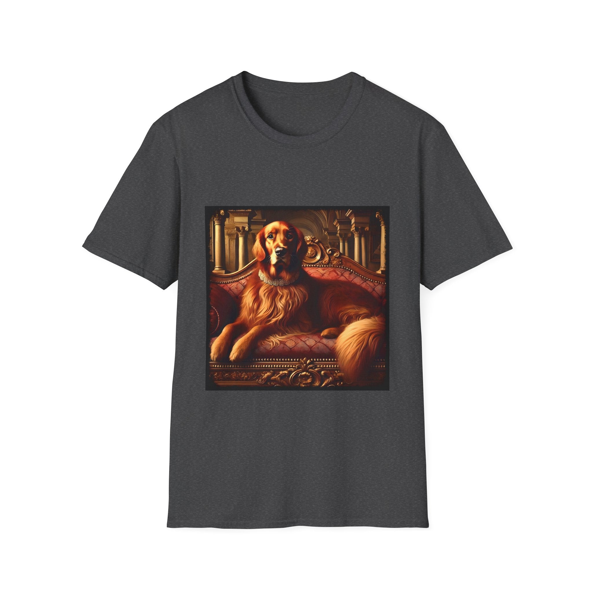 Dark heather dog t-shirt with golden retriever on red settee, pearl collar, and regal columned backdrop.