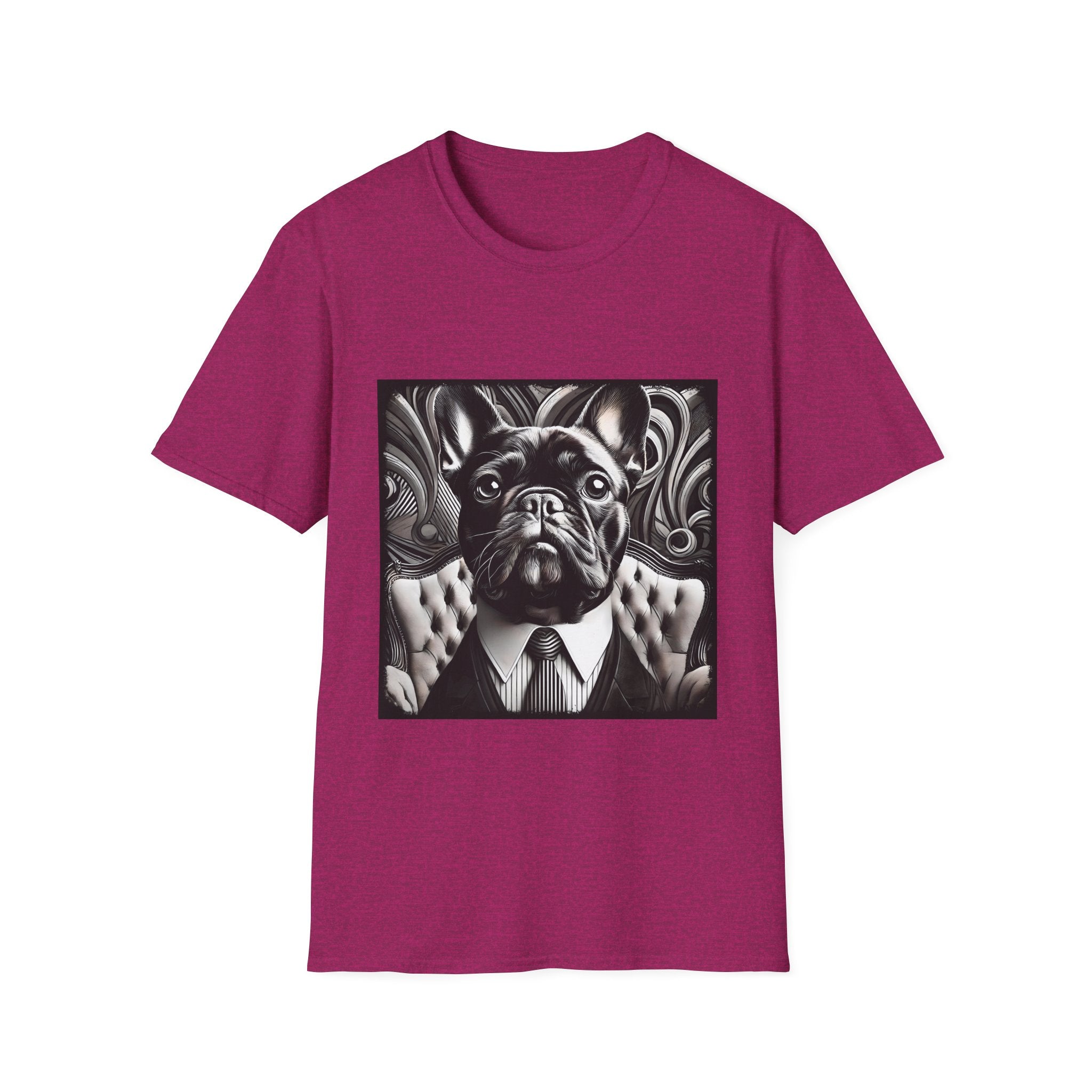 Heather berry dog t-shirt featuring black French Bulldog in suit with swirl background, monochrome style.