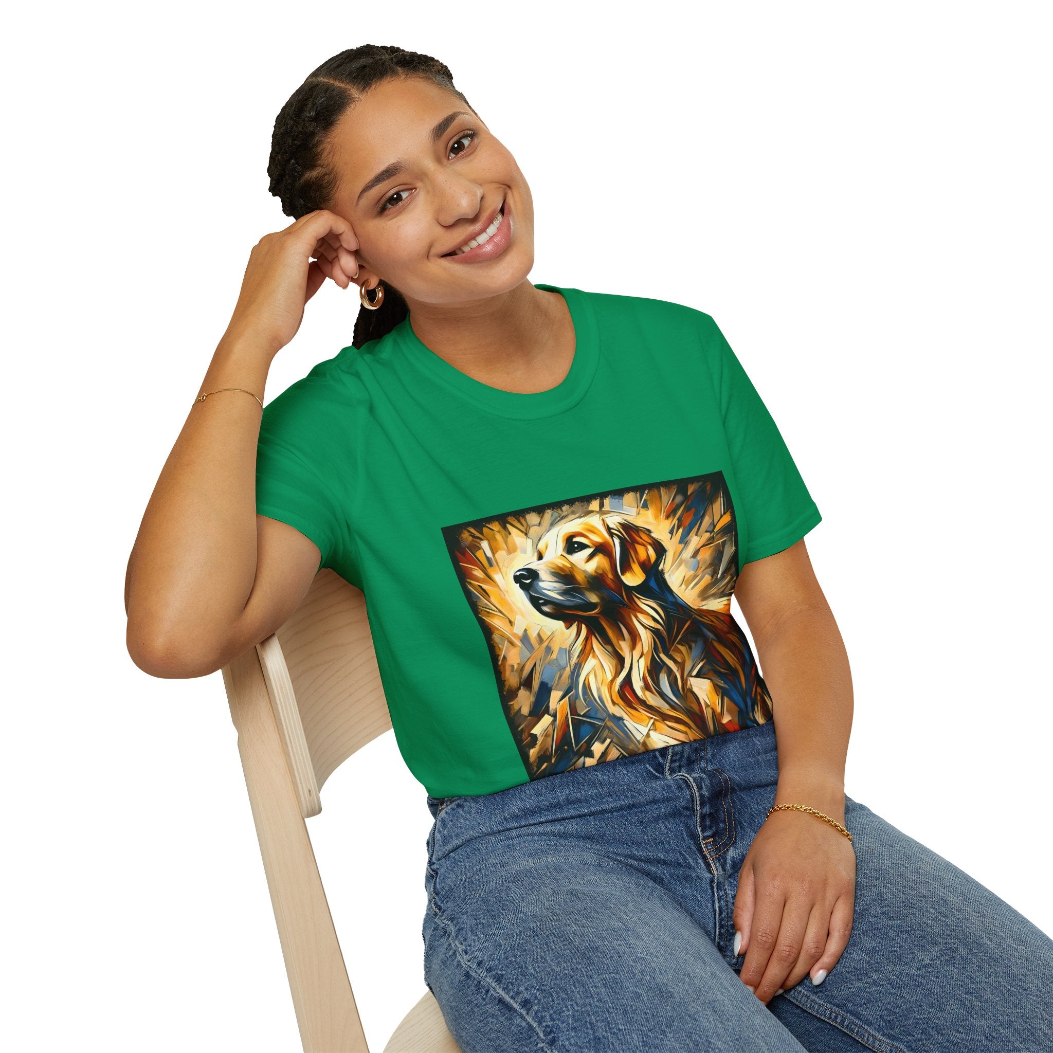 Female model in kelly green dog t-shirt featuring golden retriever portrait with fiery gold, blue, and amber abstract swirls.