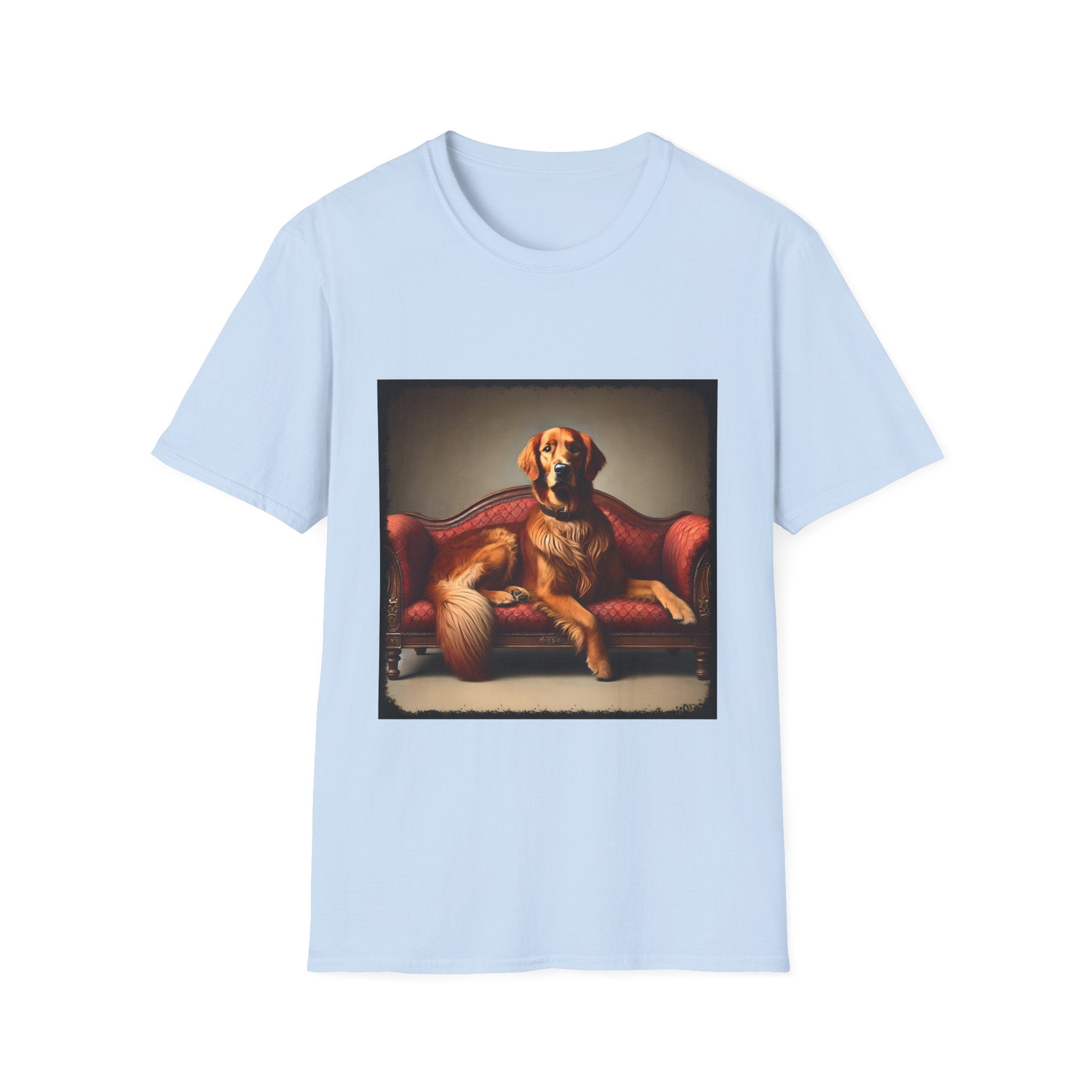 Light blue dog t-shirt with golden retriever lounging on vintage red settee with regal posture.