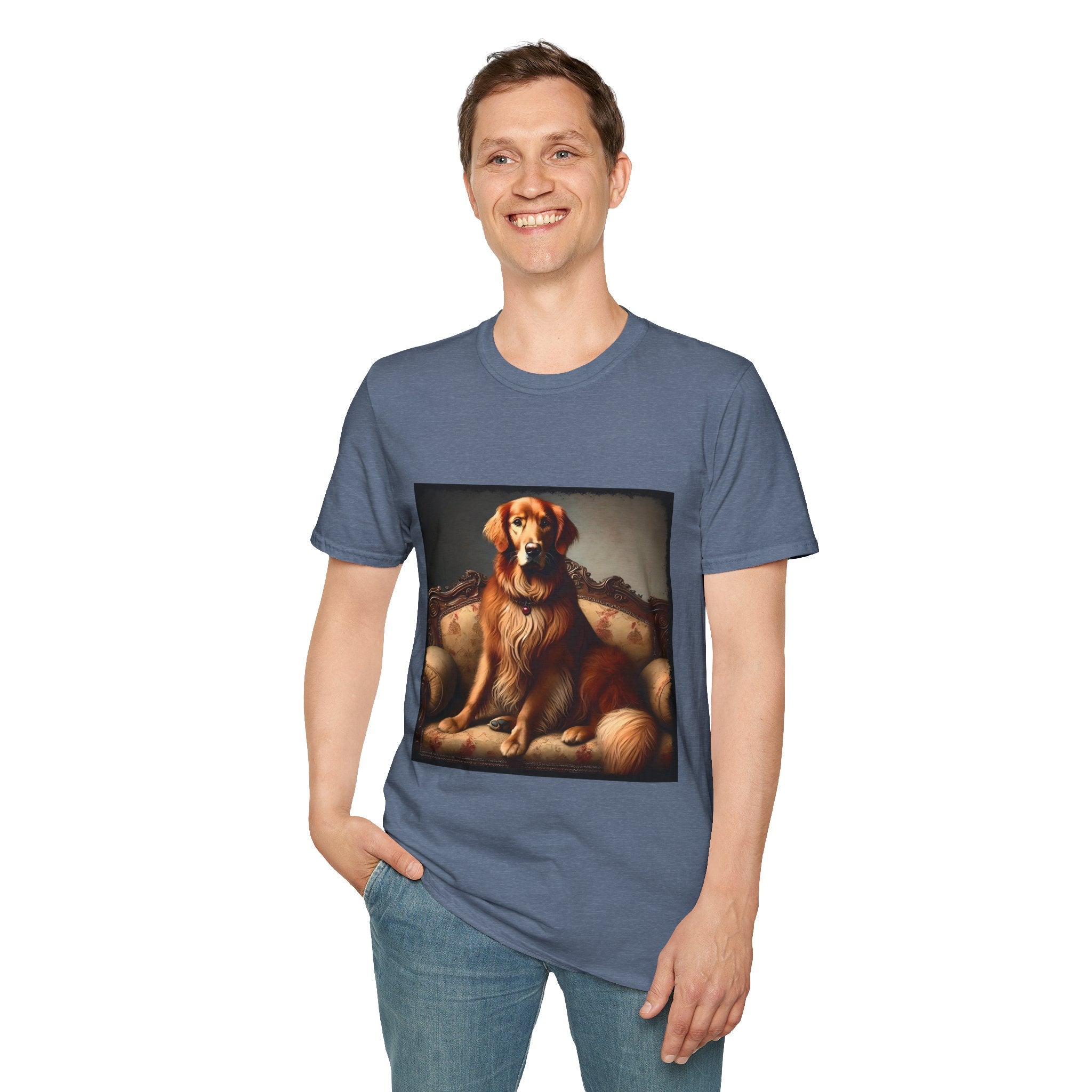 Male standing in heather indigo dog t-shirt featuring golden retriever on ornate settee with long fur and classic red tones.