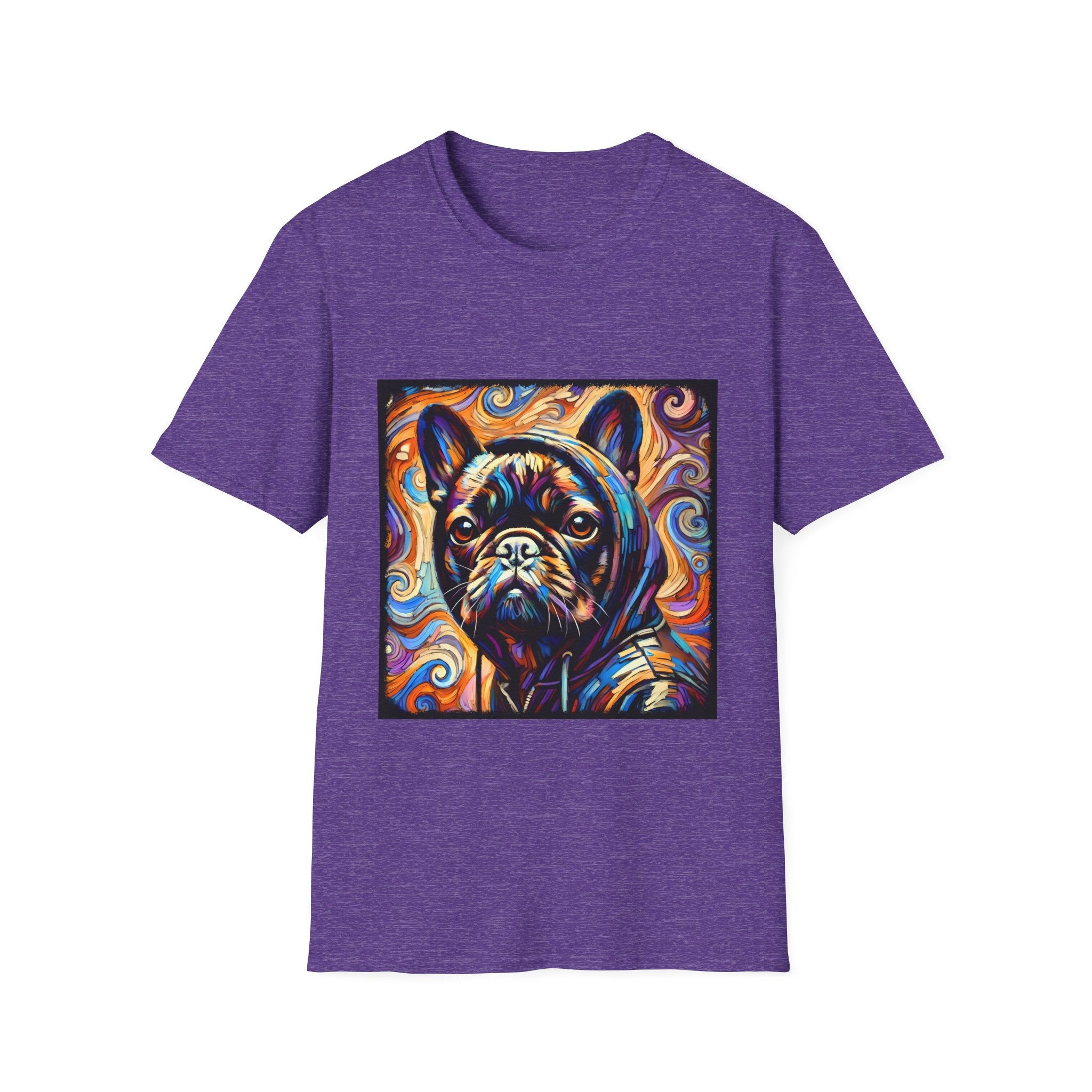 Dog t-shirt in light purple featuring colorful French Bulldog in hoodie, set against vivid swirl-patterned background.
