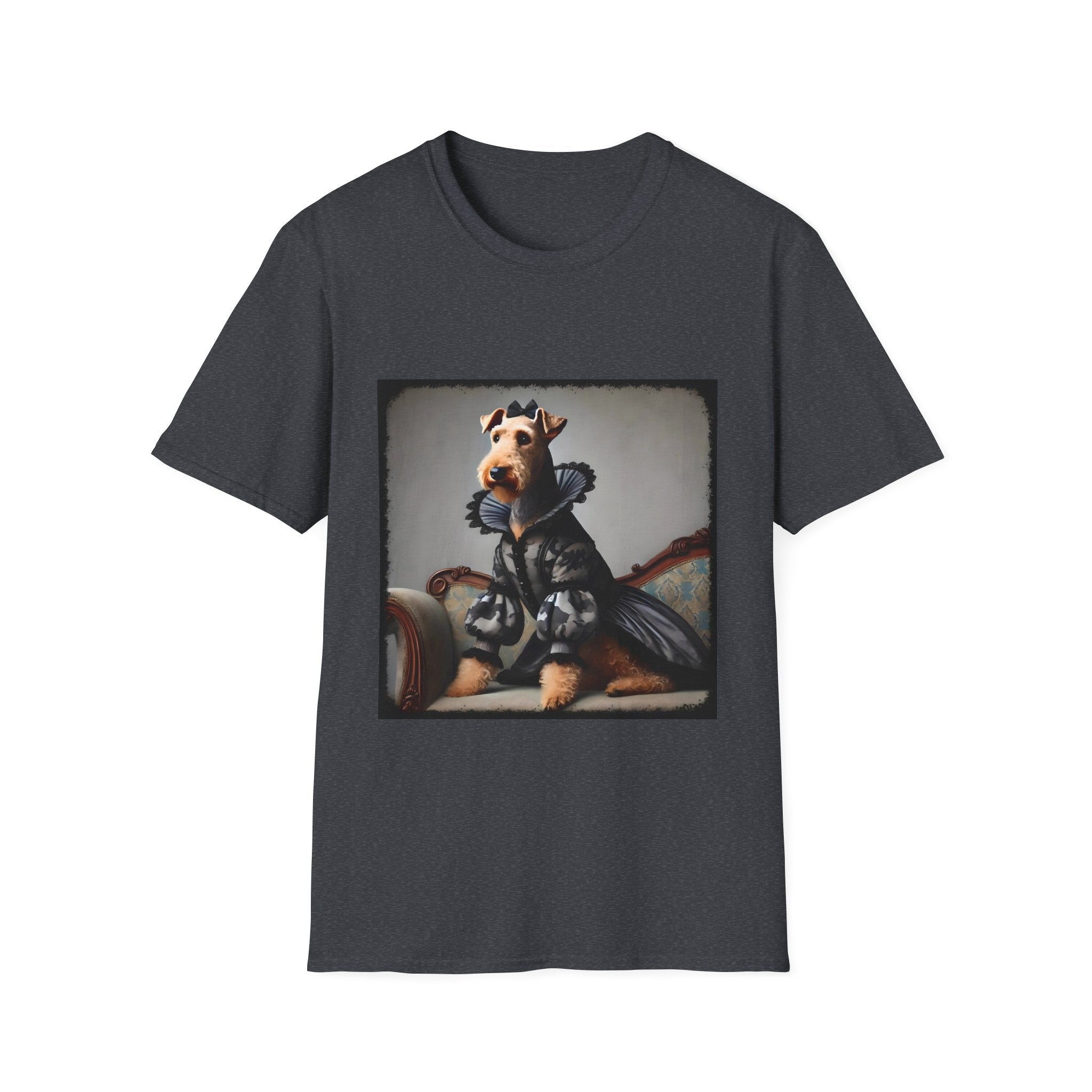 Dark heather gray dog t-shirt featuring Airedale terrier in camouflage Renaissance gown seated on settee.
