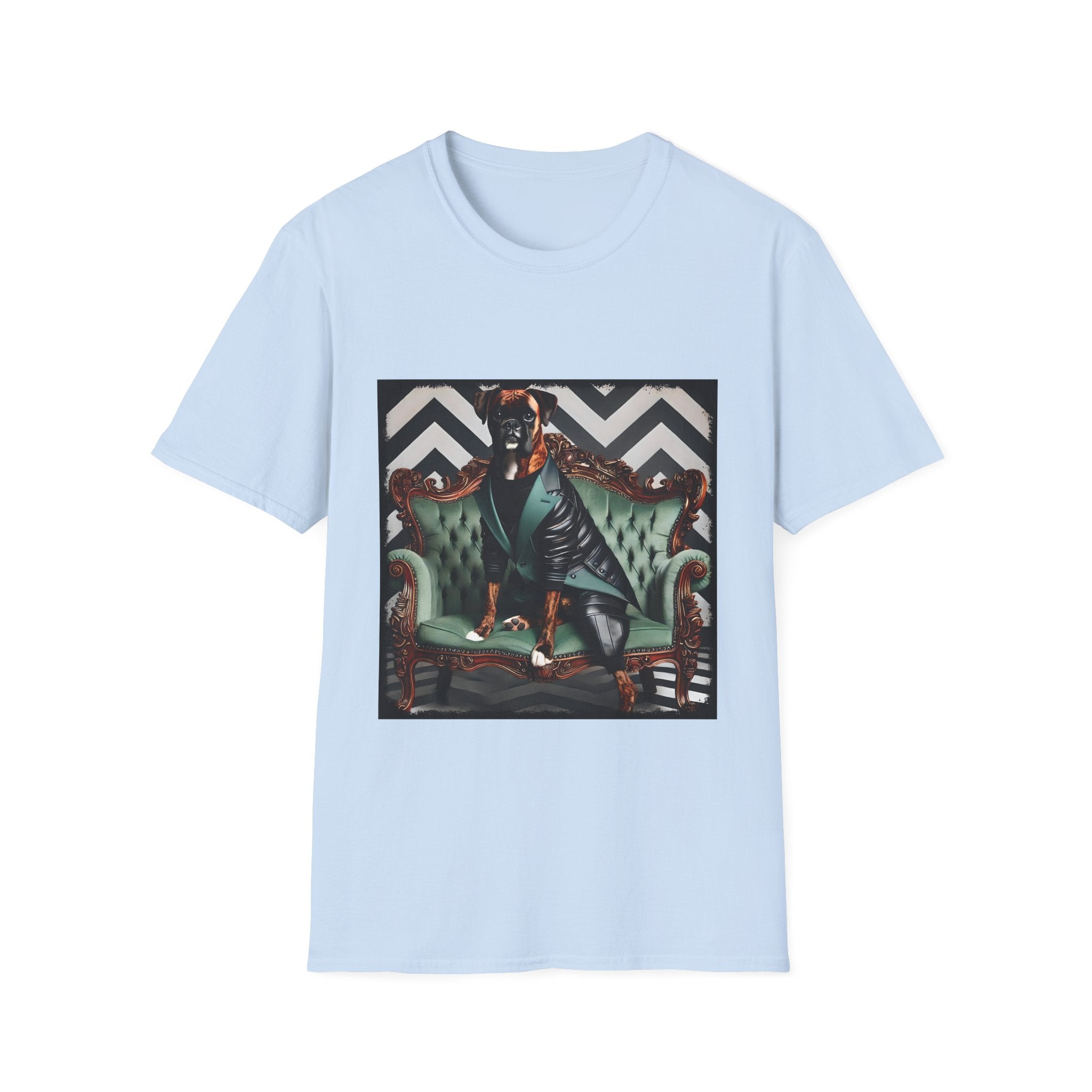 Light blue dog t-shirt featuring a brindle boxer in leather jacket on green settee with chevron wall backdrop.