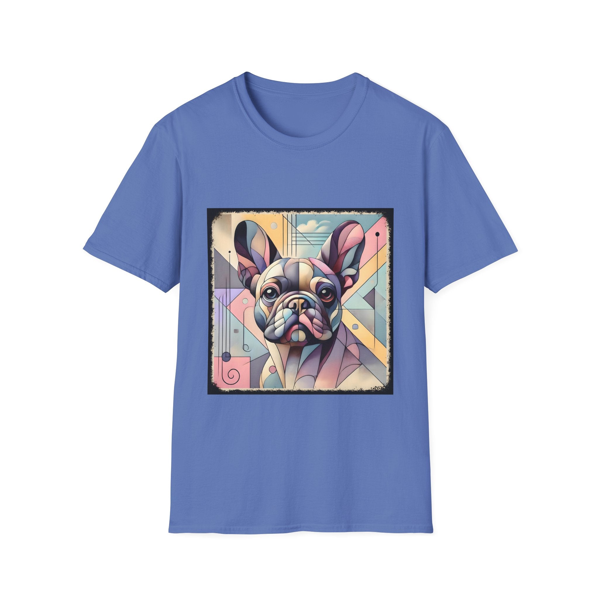 Cornflower blue shirt with Cubism-style French Bulldog design in soft pastel colors and abstract shapes.