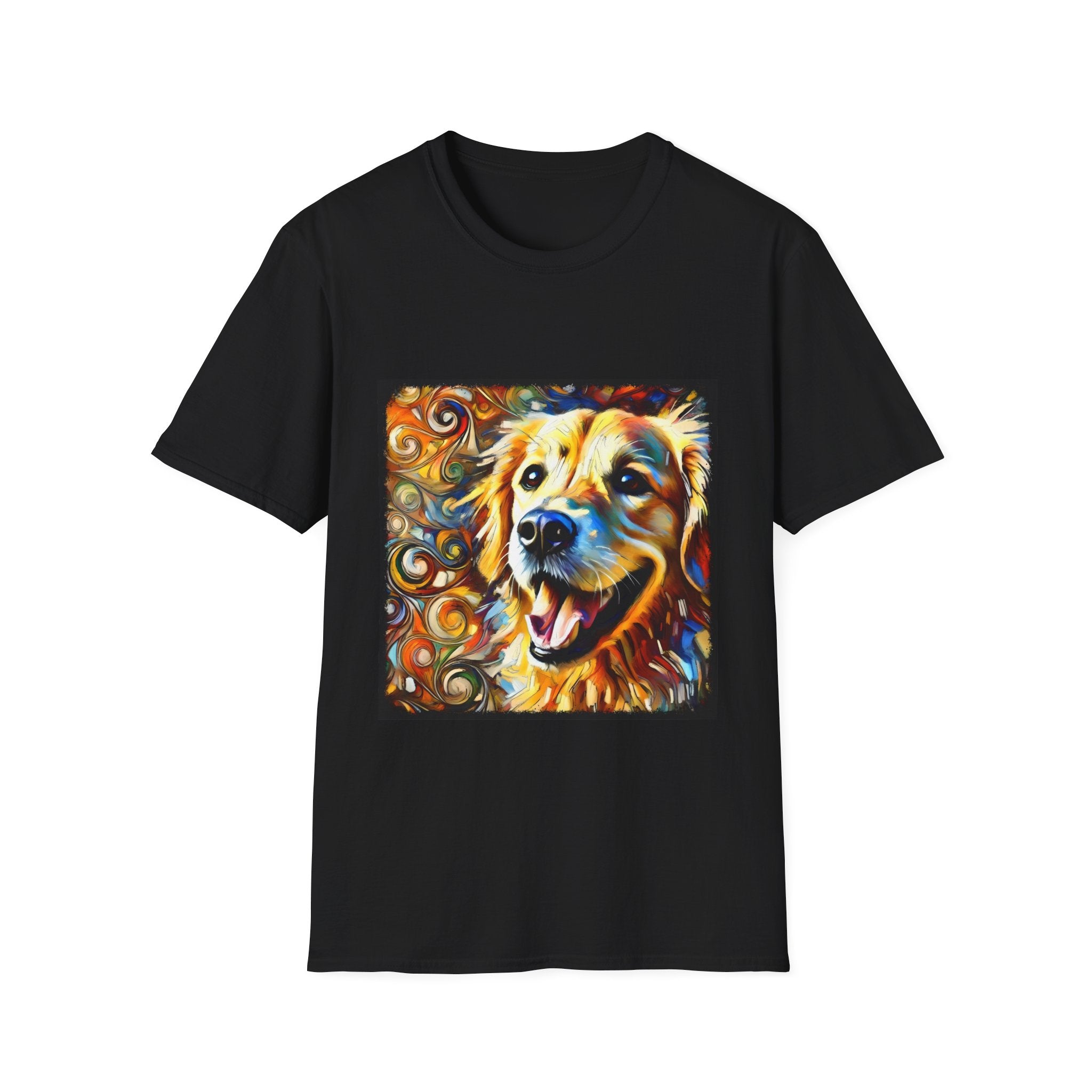 Black dog t-shirt featuring smiling golden retriever portrait with bold swirls in orange, gold, and blue.