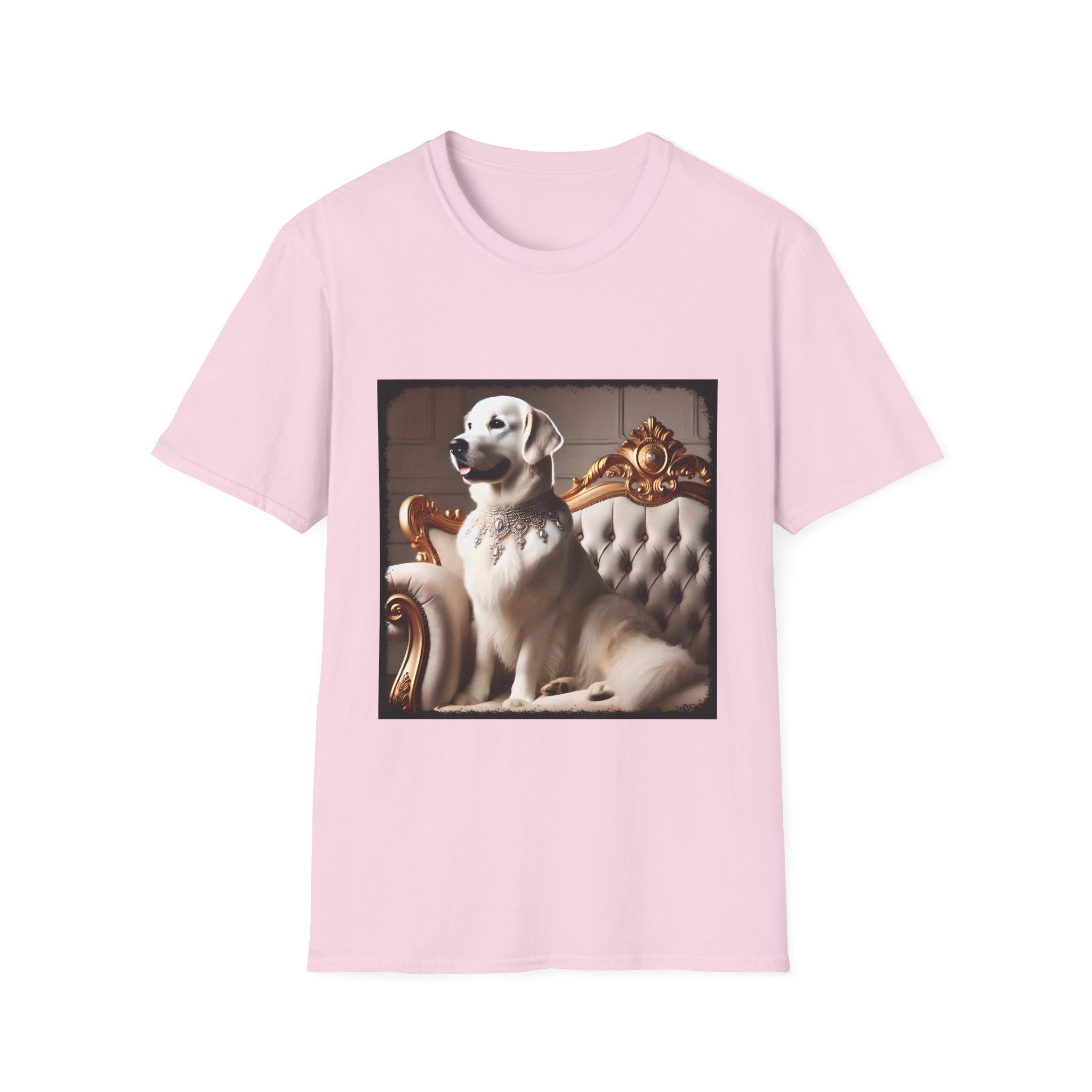 Light pink dog t-shirt featuring a white golden retriever in a jeweled collar on a gold-trimmed tufted settee.