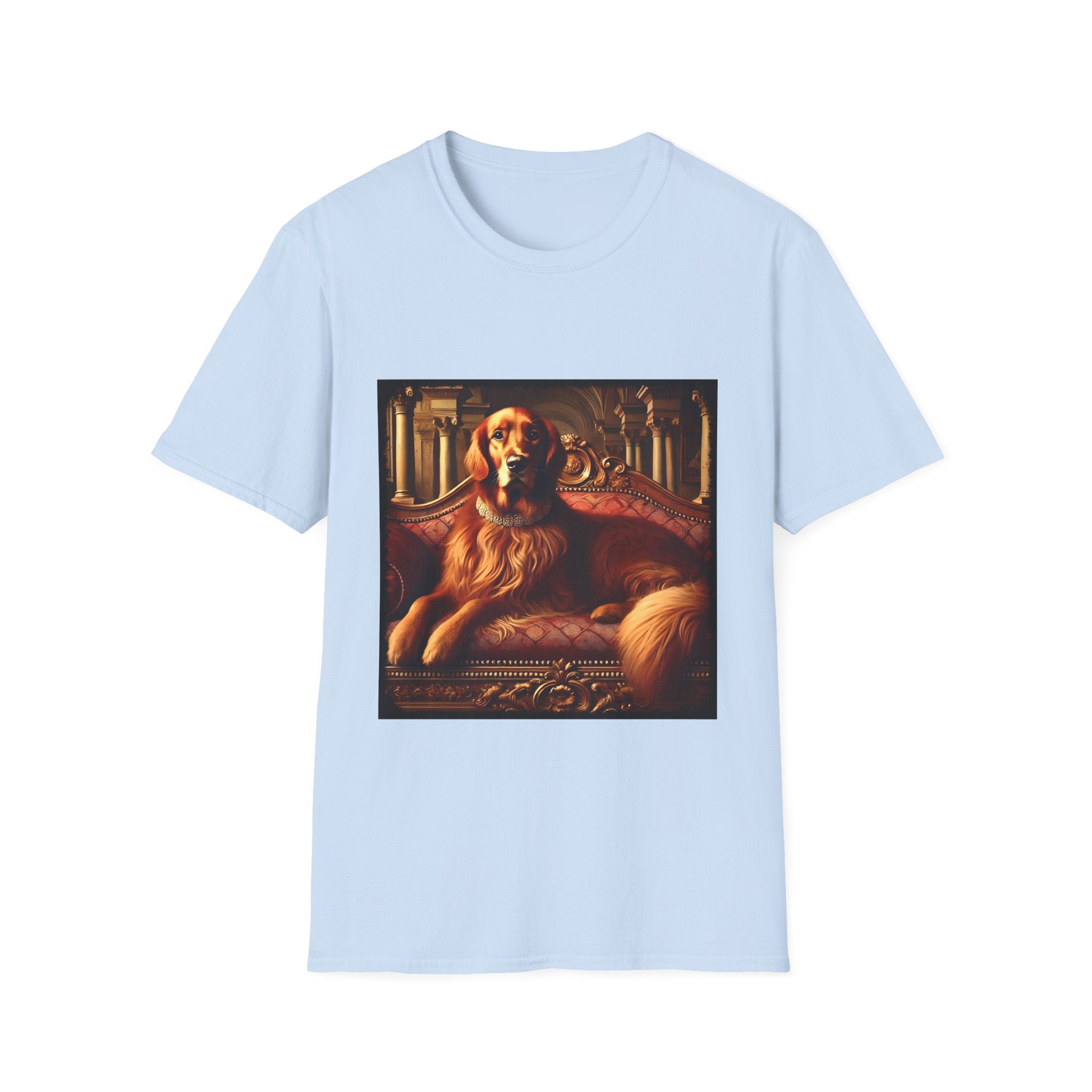 Light blue dog t-shirt with golden retriever on red settee, pearl collar, and regal columned backdrop.
