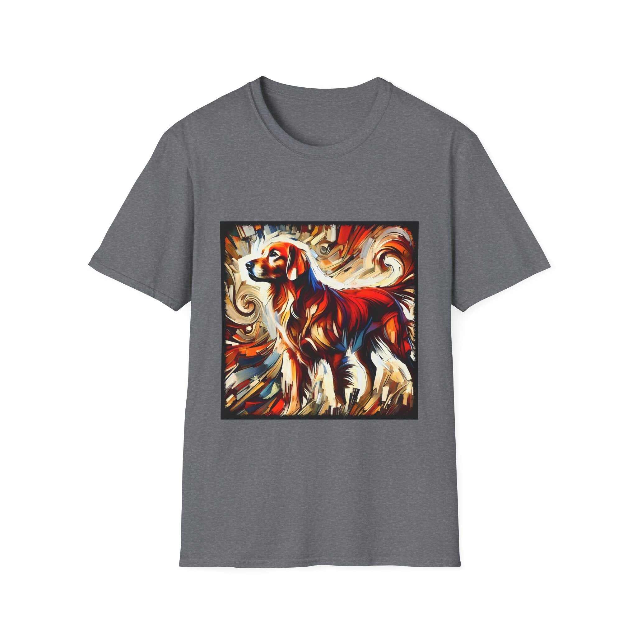 Graphite heather dog t-shirt with golden retriever in red coat, abstract swirl background in bold warm tones.