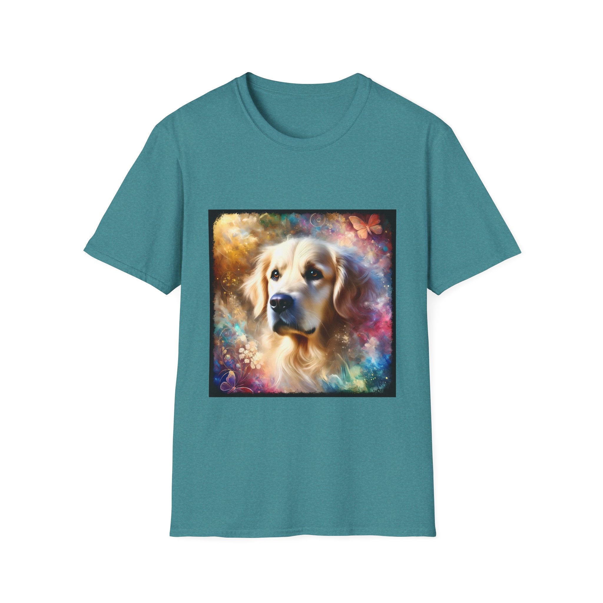 Teal dog t-shirt with golden retriever portrait, soft fur, butterflies, and dreamy pastel colors.