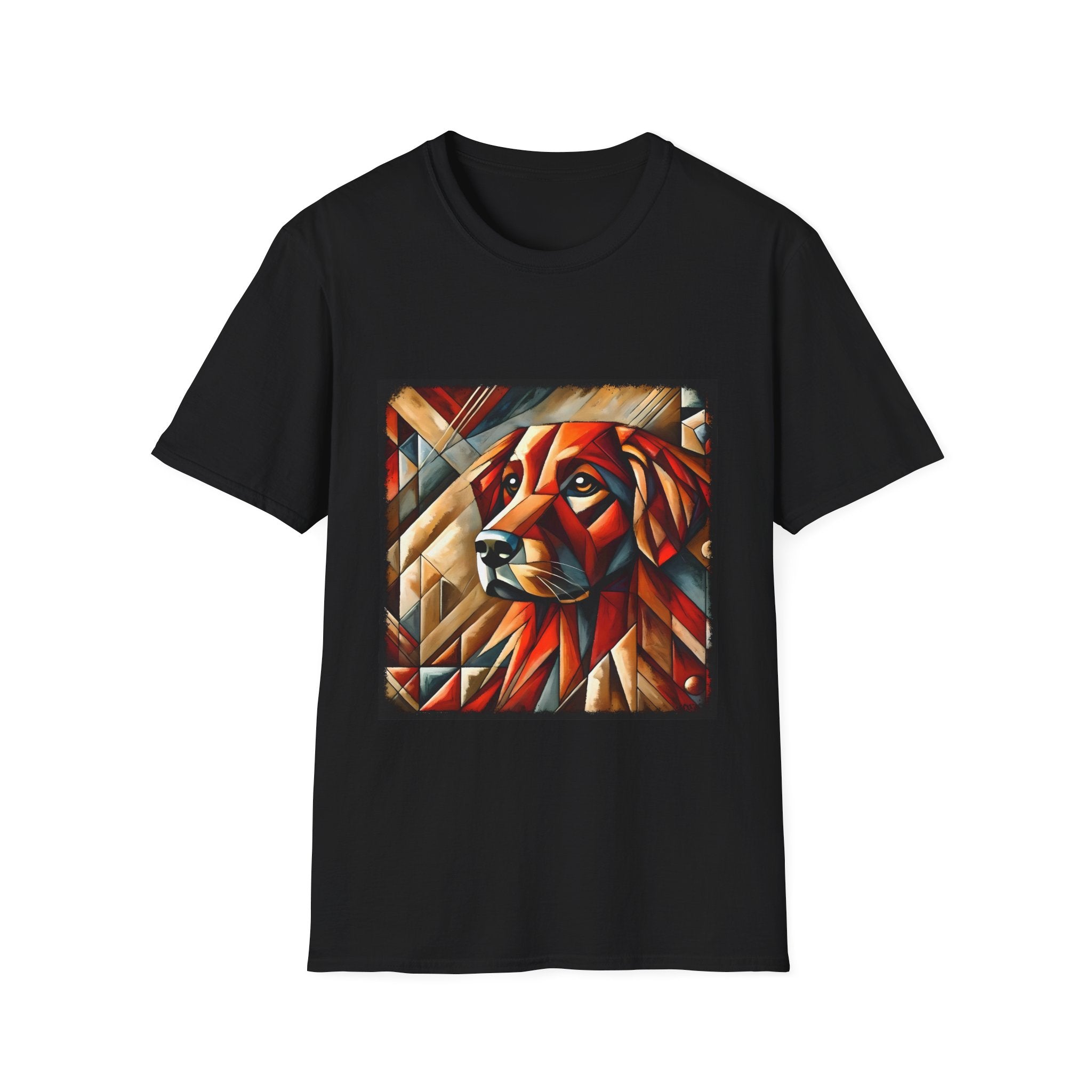 Black dog t-shirt featuring red geometric golden retriever portrait in cubist style with bold angles.
