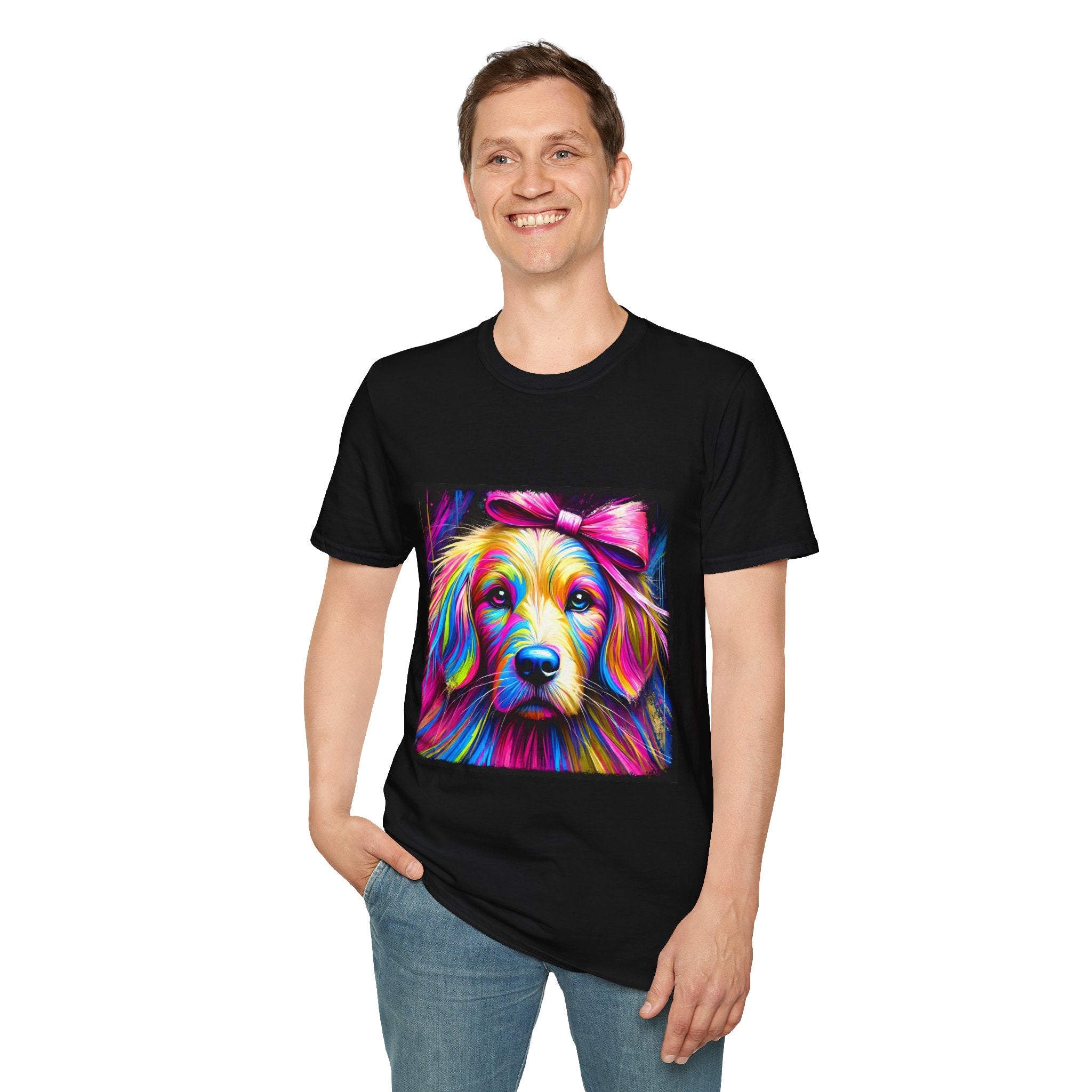 Male model in black dog t-shirt featuring neon-colored golden retriever with pink bow on vibrant electric abstract backdrop.