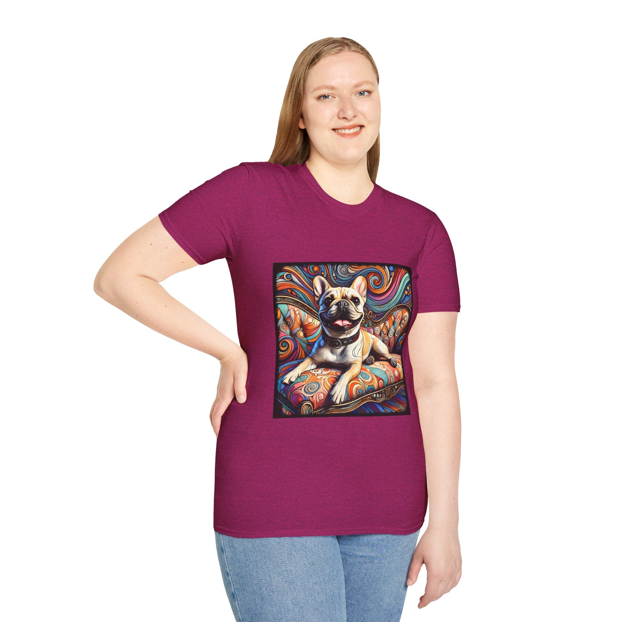 Female model in heather berry dog t-shirt featuring fawn French Bulldog lounging on swirl settee with vivid colorful background.