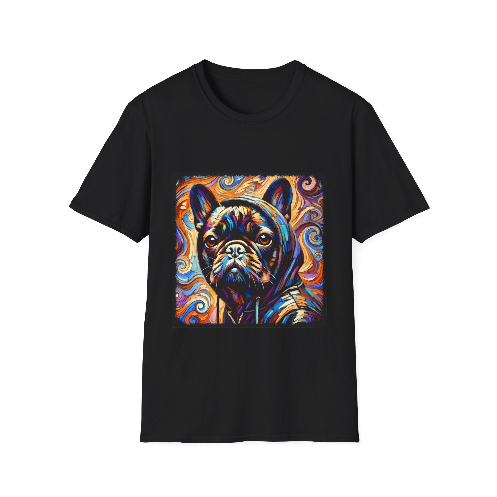 Dog t-shirt in black featuring colorful French Bulldog in hoodie, set against vivid swirl-patterned background.