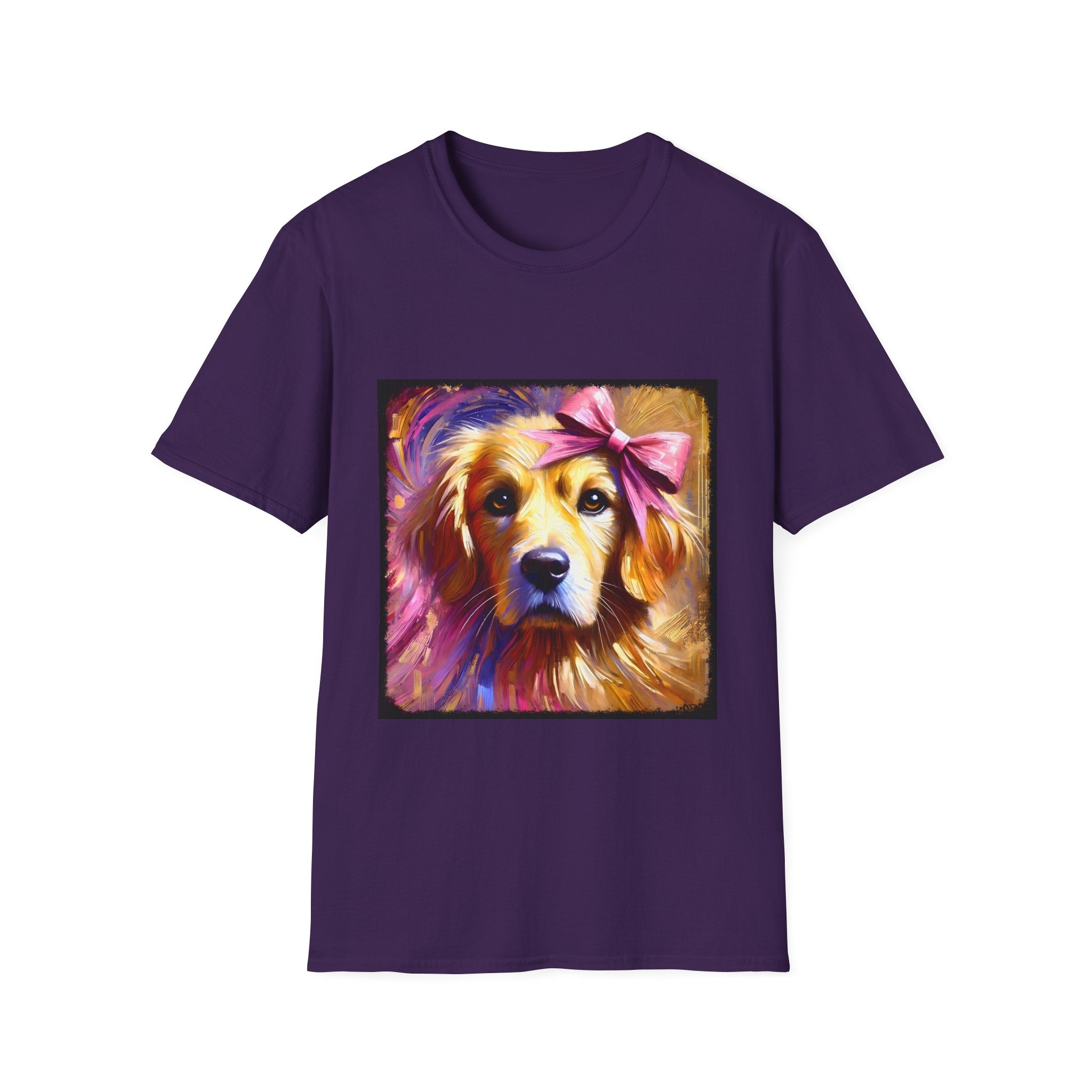 Purple dog t-shirt featuring golden retriever with pink bow on head, bold brushstroke background in pinks.
