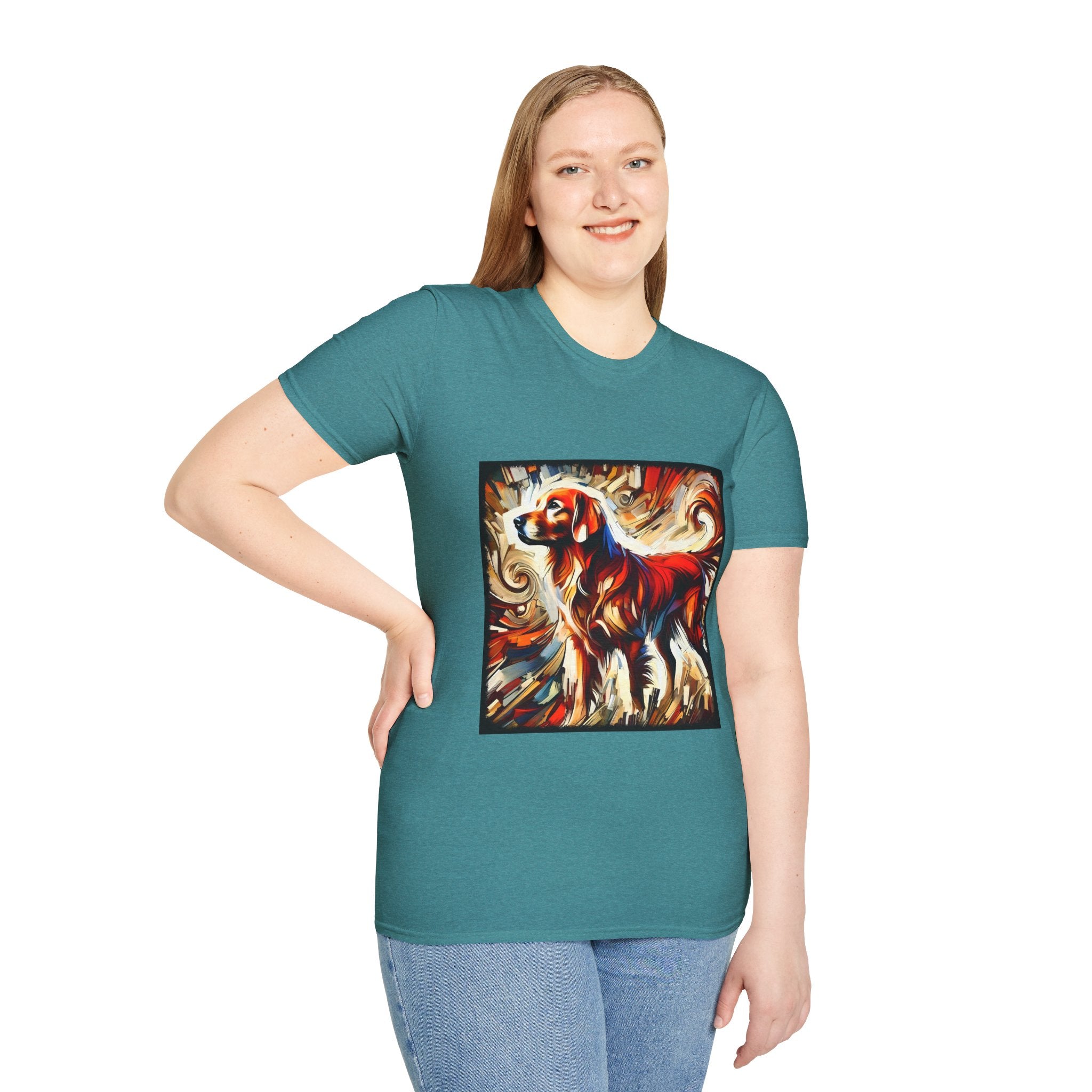 Female model in teal dog t-shirt with golden retriever in red coat, abstract swirl background in bold warm tones.