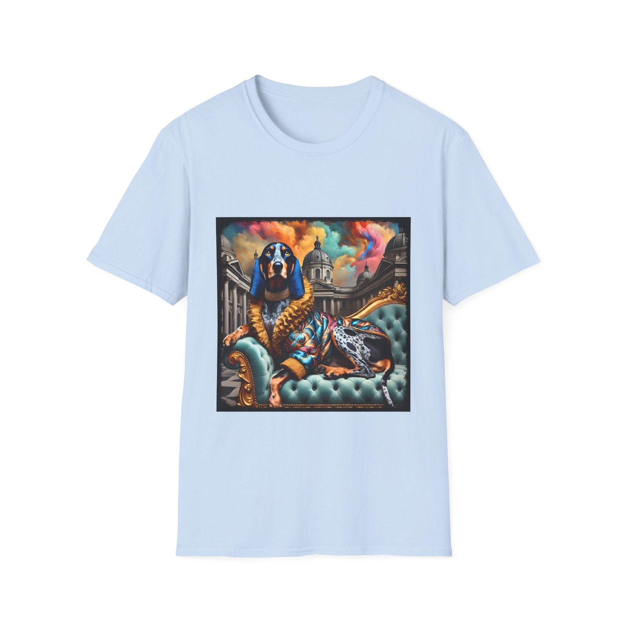 Light blue dog t-shirt featuring coonhound on teal settee wearing ornate gold-trimmed robe with silk scarf.