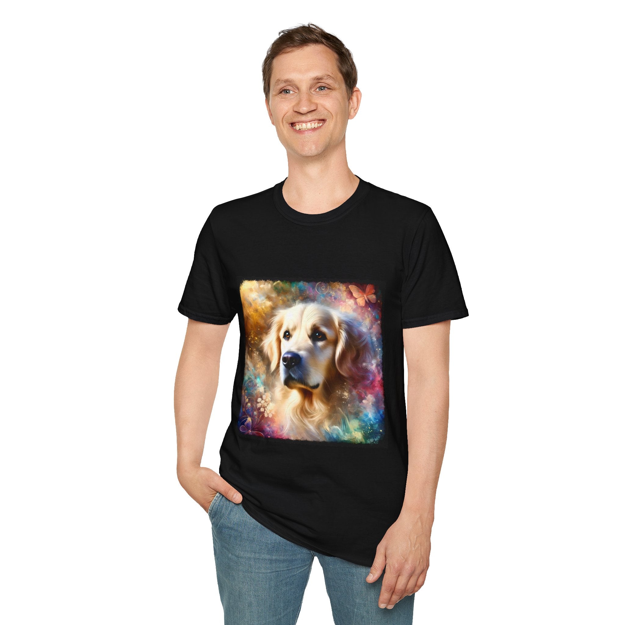 Male model in black dog t-shirt with golden retriever portrait, soft fur, butterflies, and dreamy pastel colors.