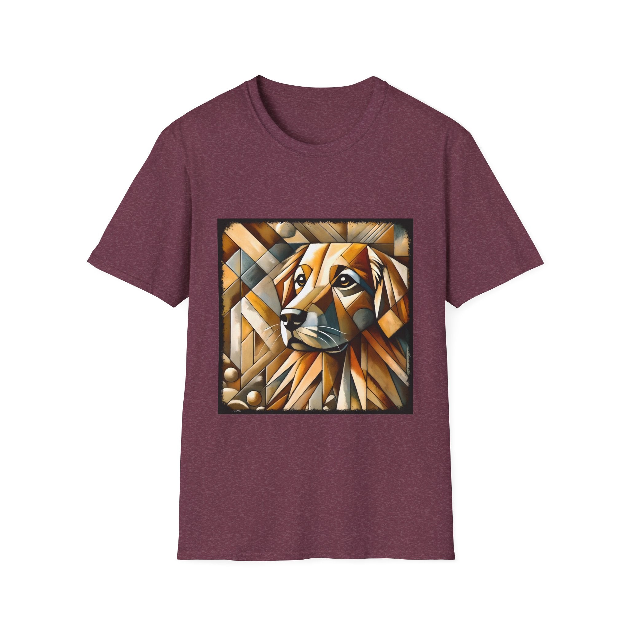 Heather maroon dog t-shirt featuring golden retriever in geometric cubist style with warm amber and tan tones.