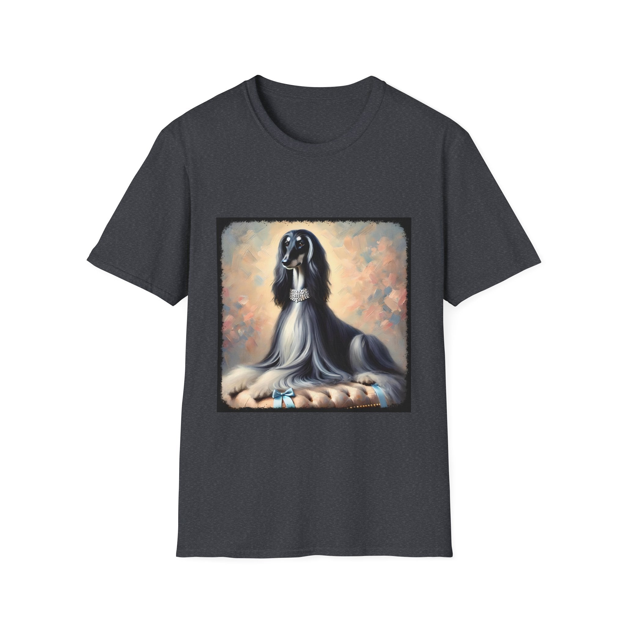 Front view of dark gray dog t-shirt featuring black and white Afghan Hound on cushion with diamond necklace, pastel background.