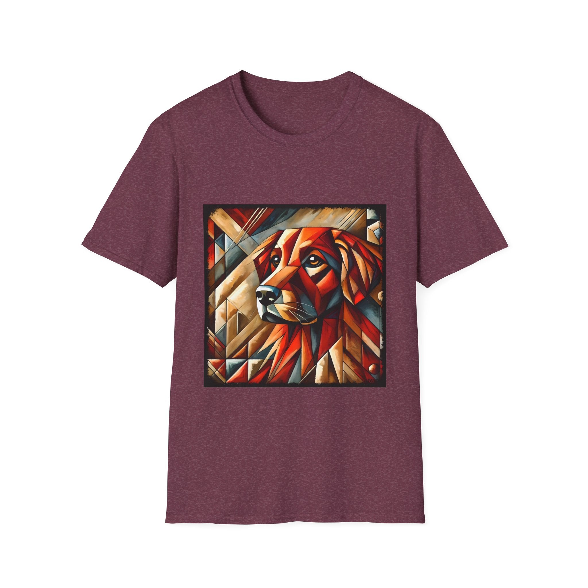 Heather maroon dog t-shirt featuring red geometric golden retriever portrait in cubist style with bold angles.