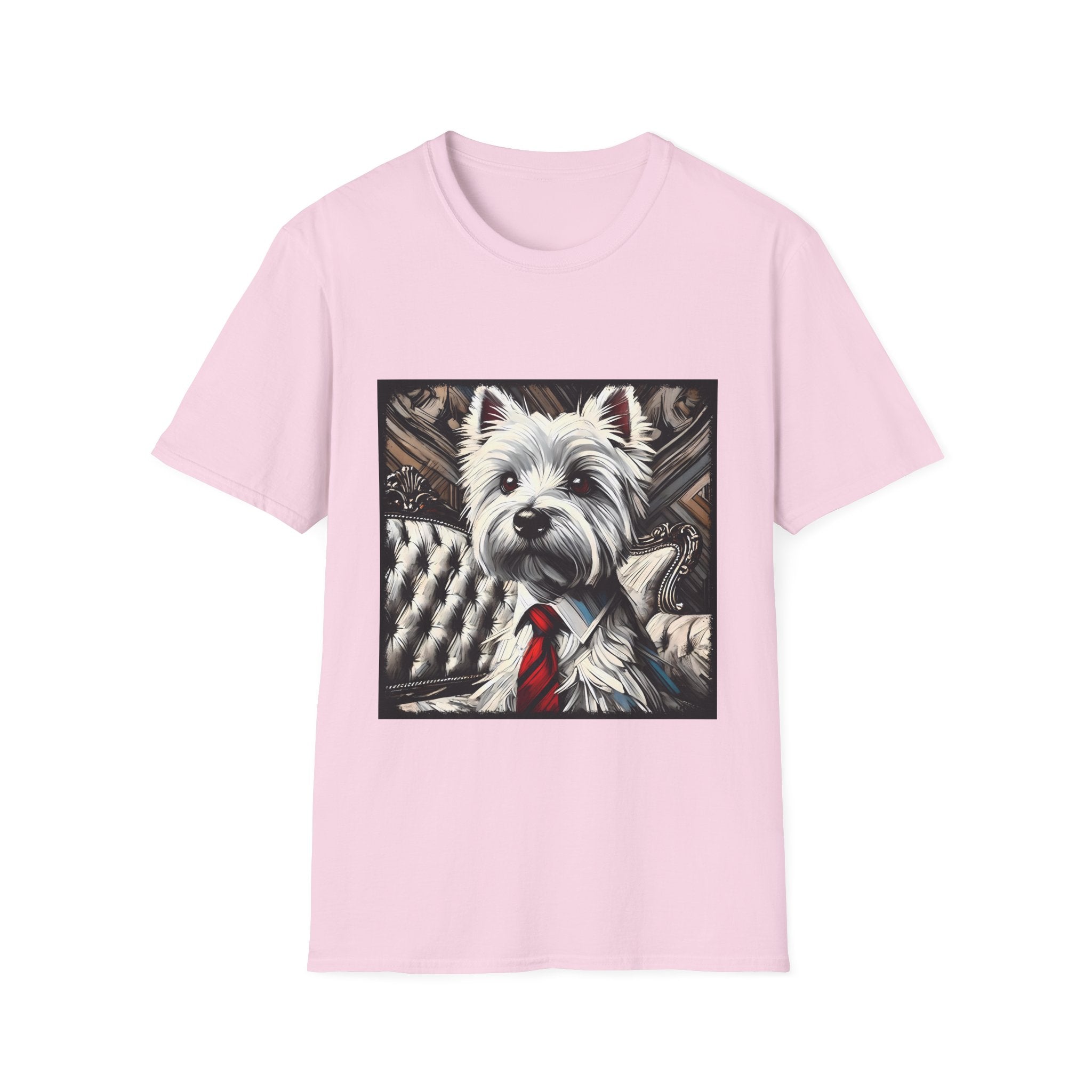 Light pink dog t-shirt featuring a Westie in a red tie seated on a tufted chair in a wood-accent room.