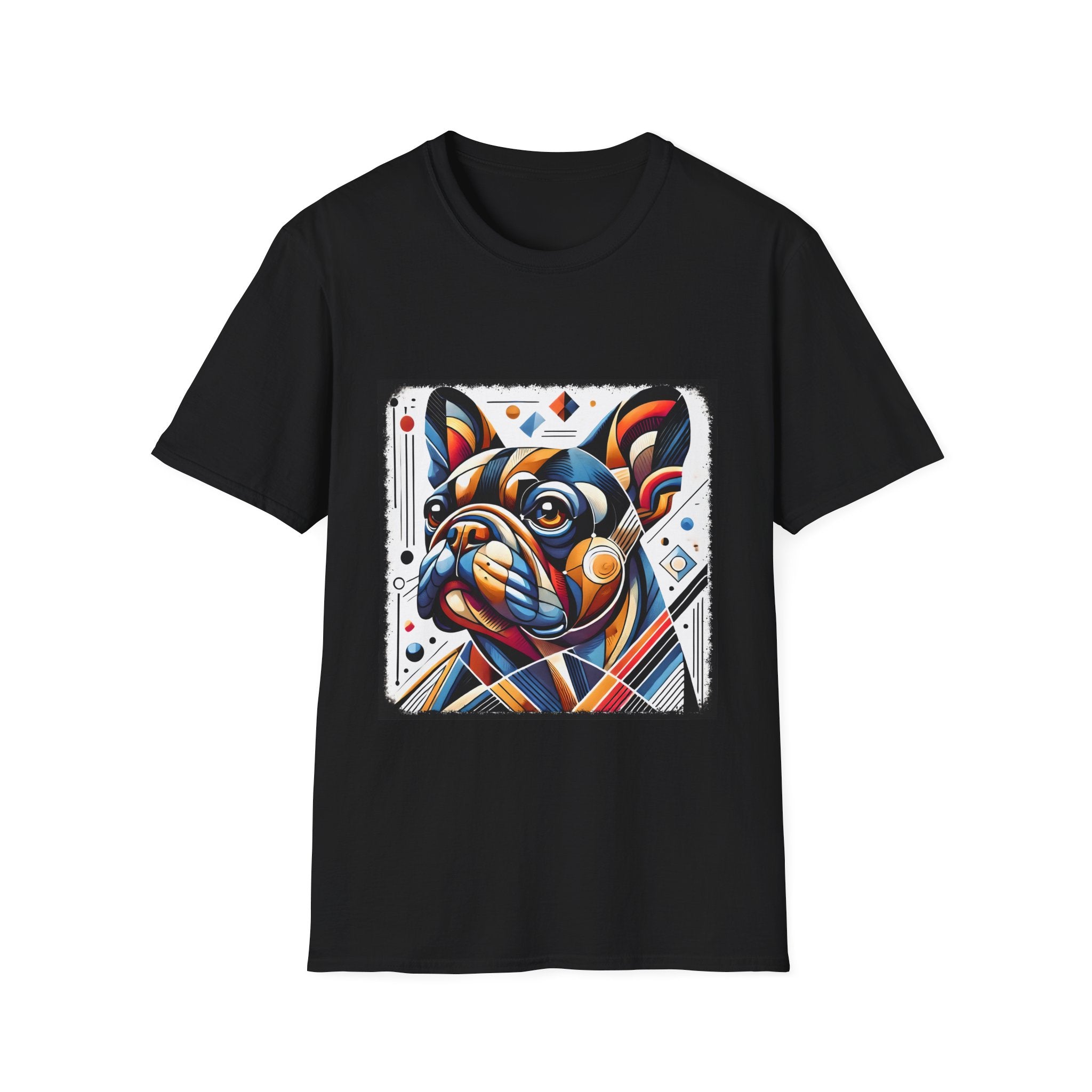 Black dog t-shirt featuring geometric-style French Bulldog in vivid orange, blue, and red against a white abstract background.
