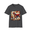 Dark Heather Gray dog t-shirt with golden retriever in red coat, abstract swirl background in bold warm tones.
