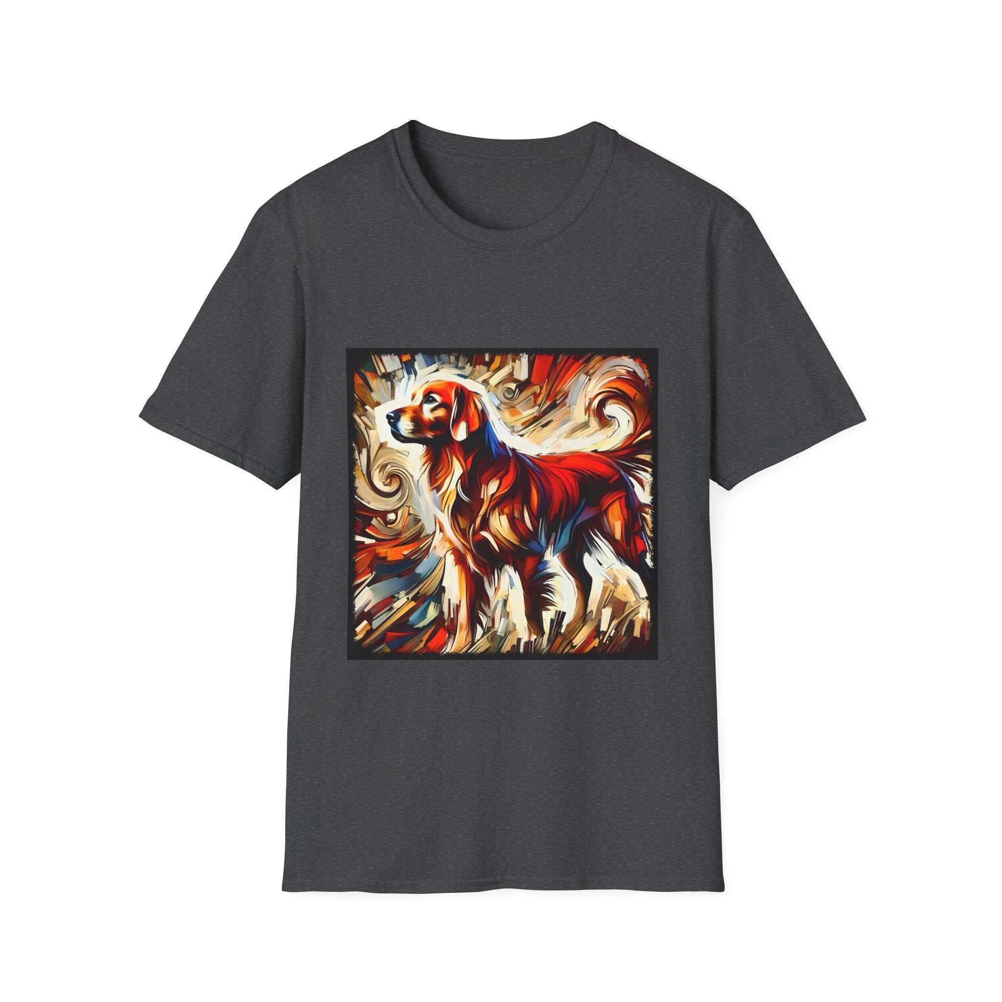 Dark Heather Gray dog t-shirt with golden retriever in red coat, abstract swirl background in bold warm tones.