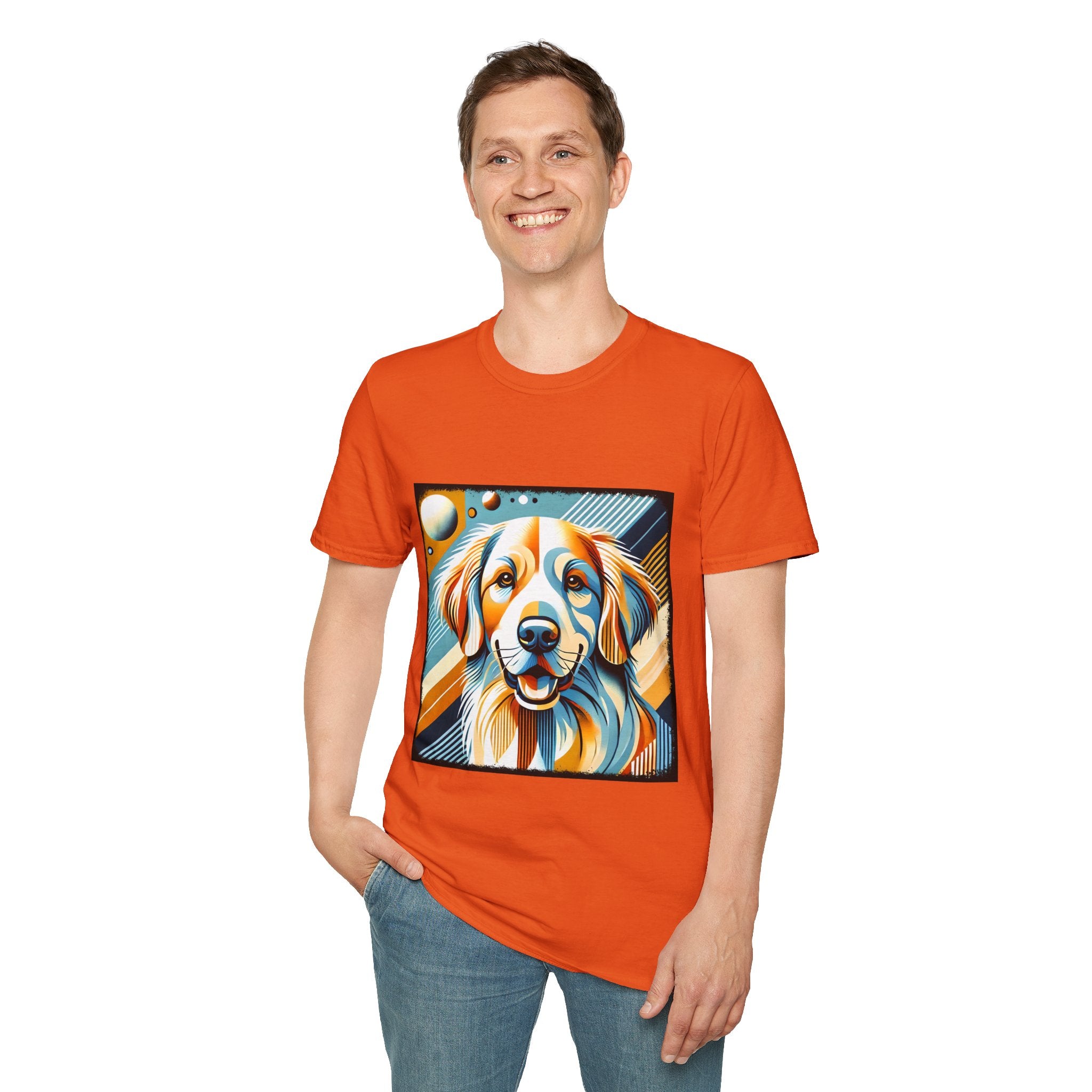 Male model in orange dog t-shirt featuring smiling golden retriever in abstract pop style with blue, orange, and cream tones.
