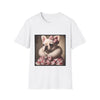 White dog t-shirt featuring cream French Bulldog in pink bow and fur coat, styled in soft vintage portrait.