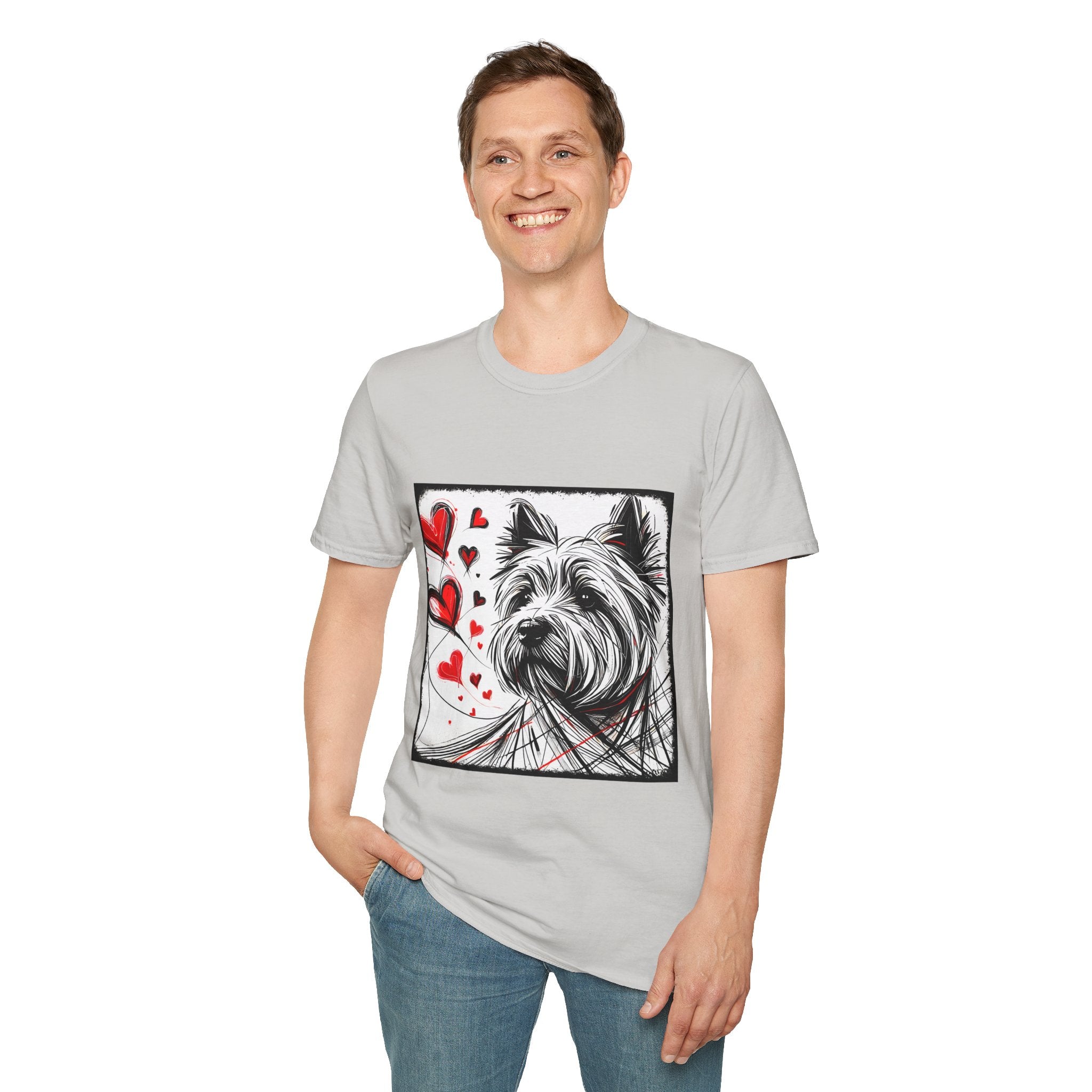 Male model in ice gray dog t-shirt featuring sketch-style Westie with red hearts and abstract black line accents.