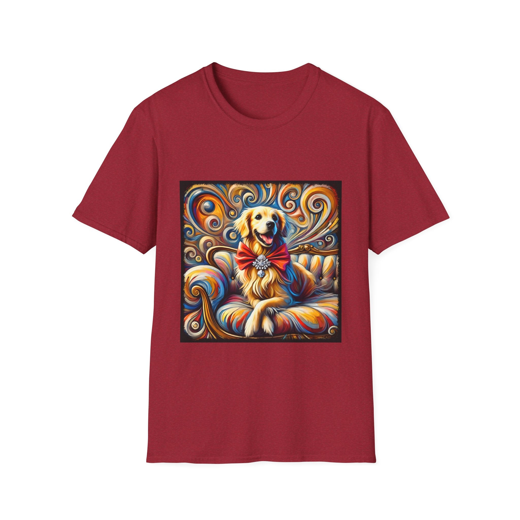 Antique cherry red dog t-shirt featuring golden retriever with red bow on colorful swirl settee background.