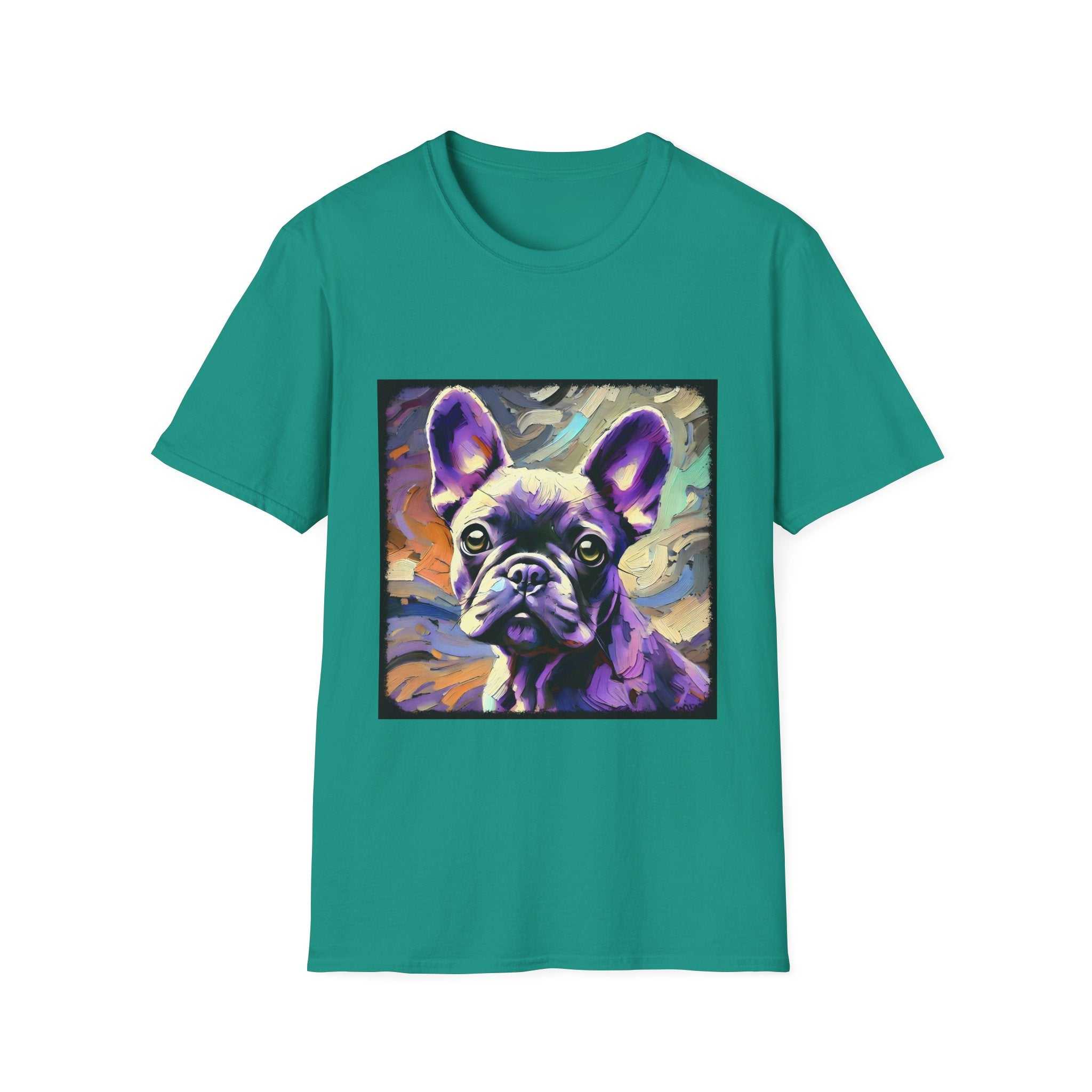 Jade dome dog t-shirt featuring a lavender purple French Bulldog with swirling brushstrokes of teal, orange, and cream.
