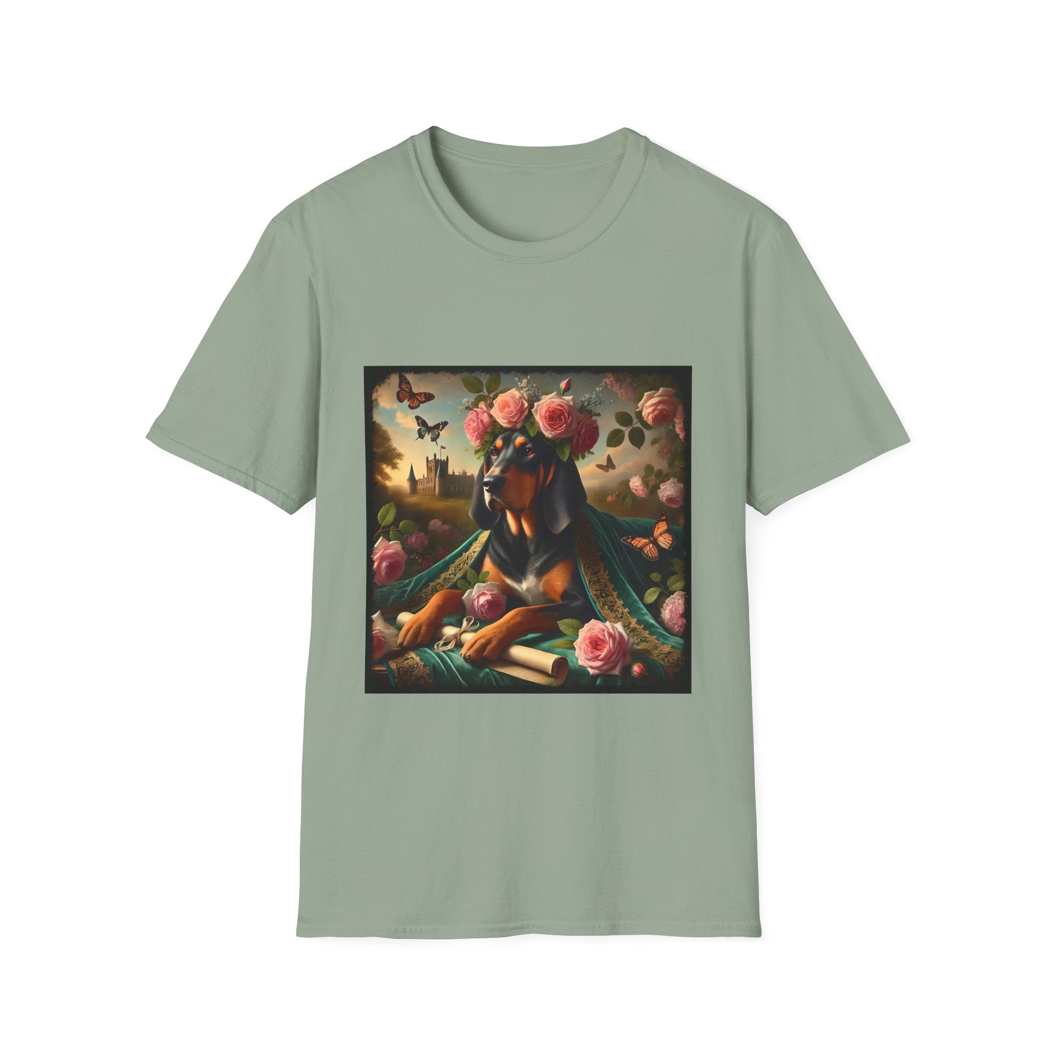 Sage green dog t-shirt featuring coonhound in rose garden wearing green embroidered cape and crown of pink flowers.