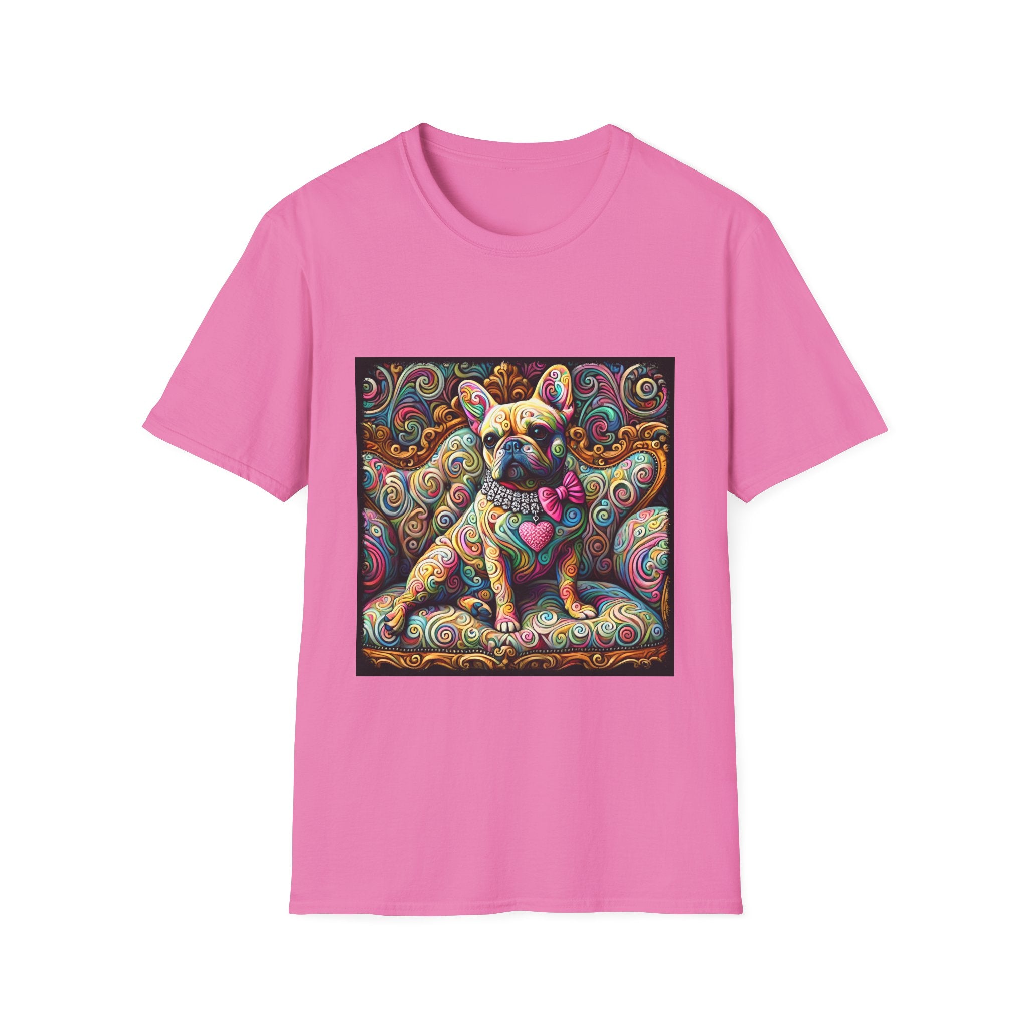 Pink dog t-shirt featuring a tan French Bulldog with pink bow and heart on a vivid rainbow swirl couch.