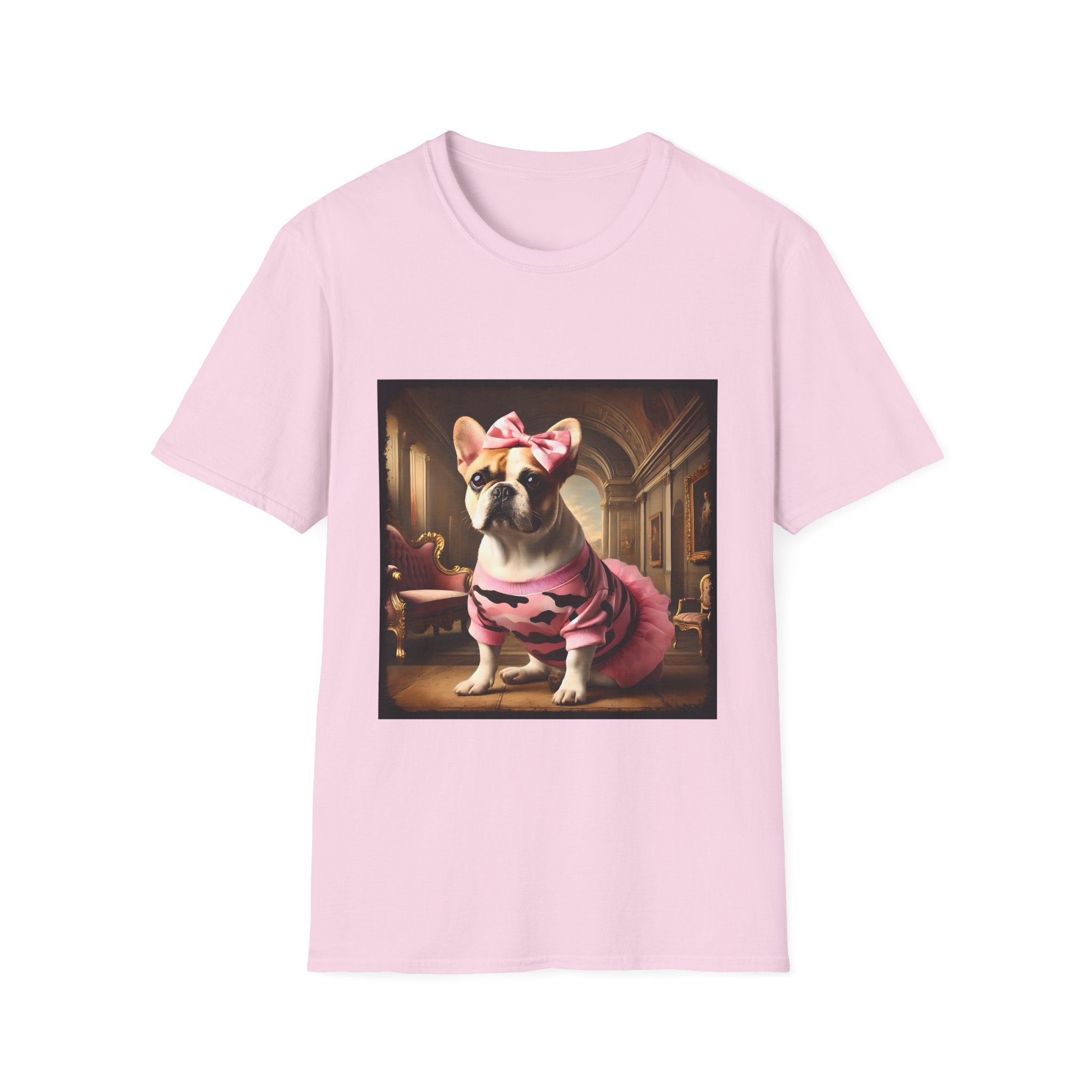 Light pink dog t-shirt featuring fawn and white French Bulldog in pink camouflage dress and bow in ornate hallway scene.