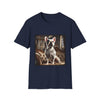 Navy blue dog t-shirt featuring white French Bulldog wearing jeweled necklace, seated on tufted settee in elegant palace setting.