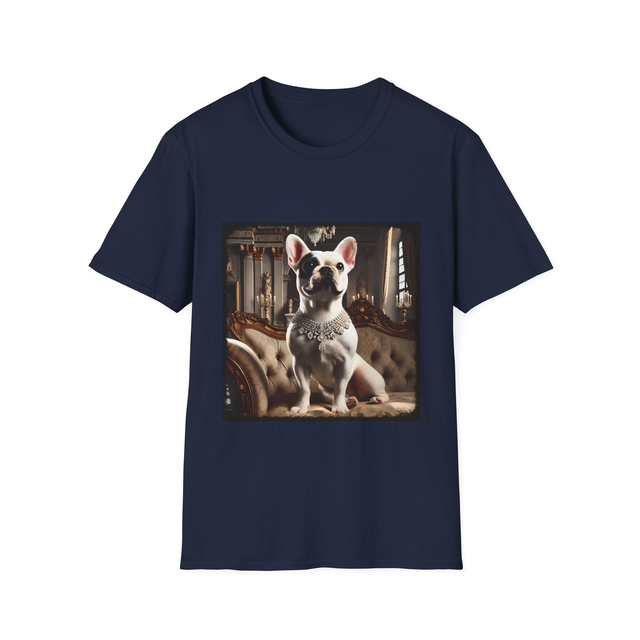 Navy blue dog t-shirt featuring white French Bulldog wearing jeweled necklace, seated on tufted settee in elegant palace setting.