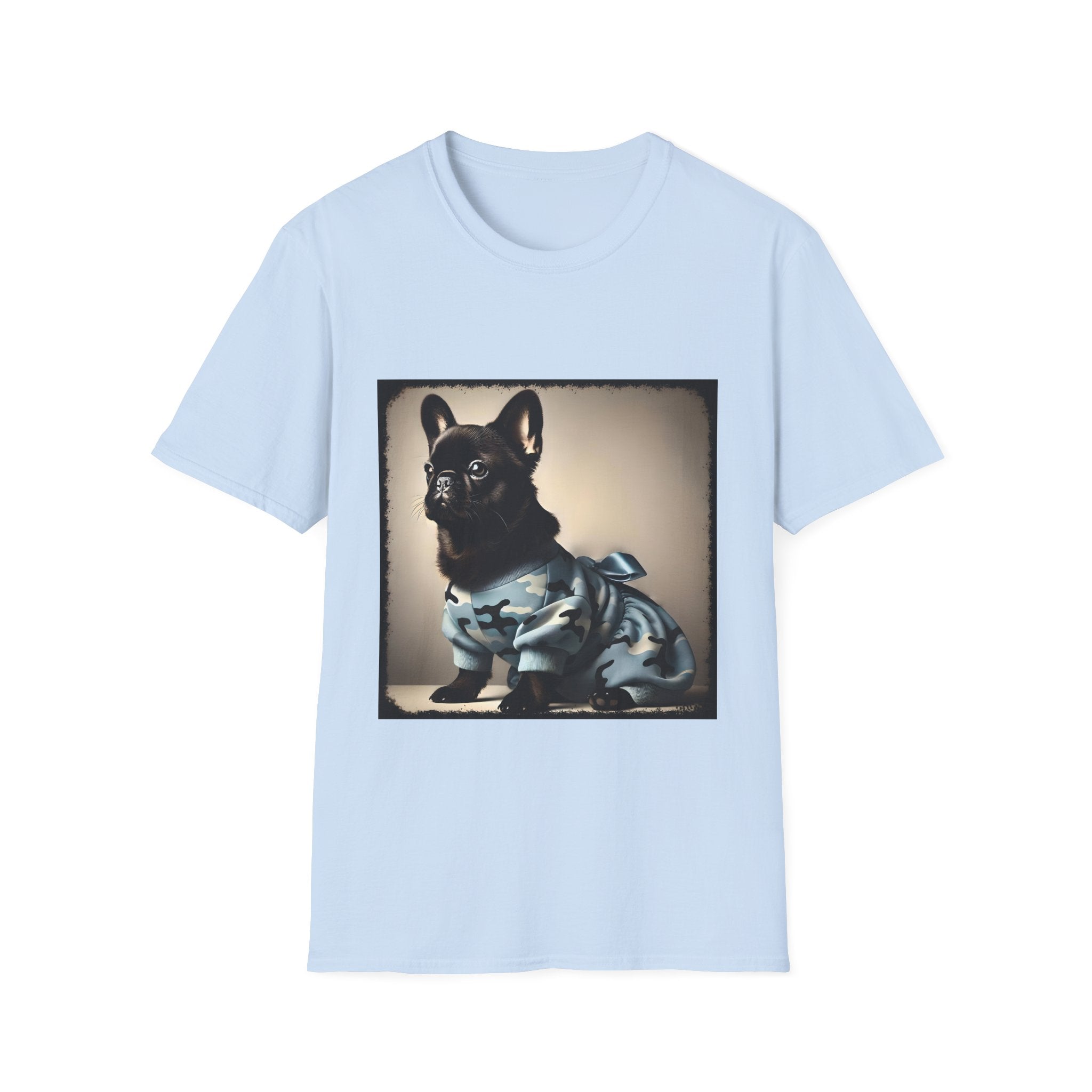 Light blue dog t-shirt featuring black French Bulldog in blue camo outfit with bow, set in soft vintage portrait.