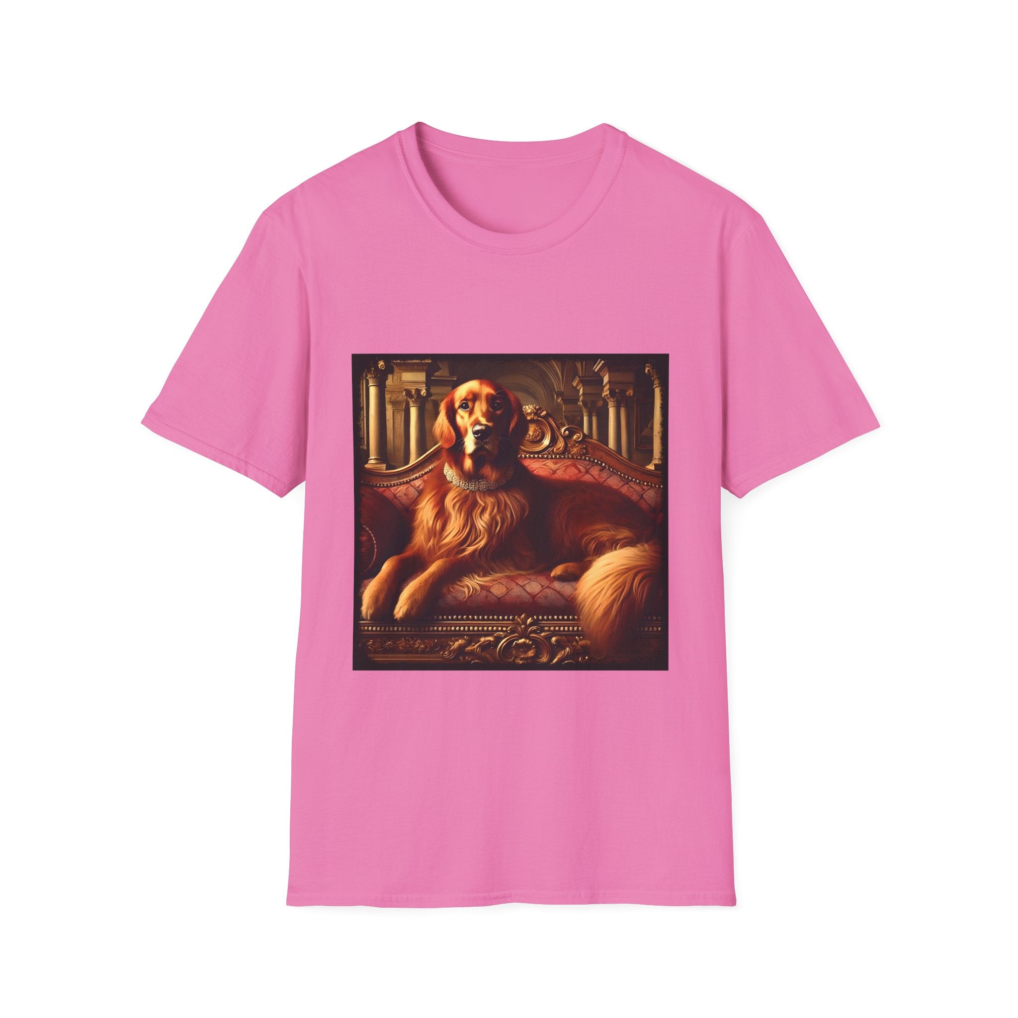 Pink dog t-shirt with golden retriever on red settee, pearl collar, and regal columned backdrop.