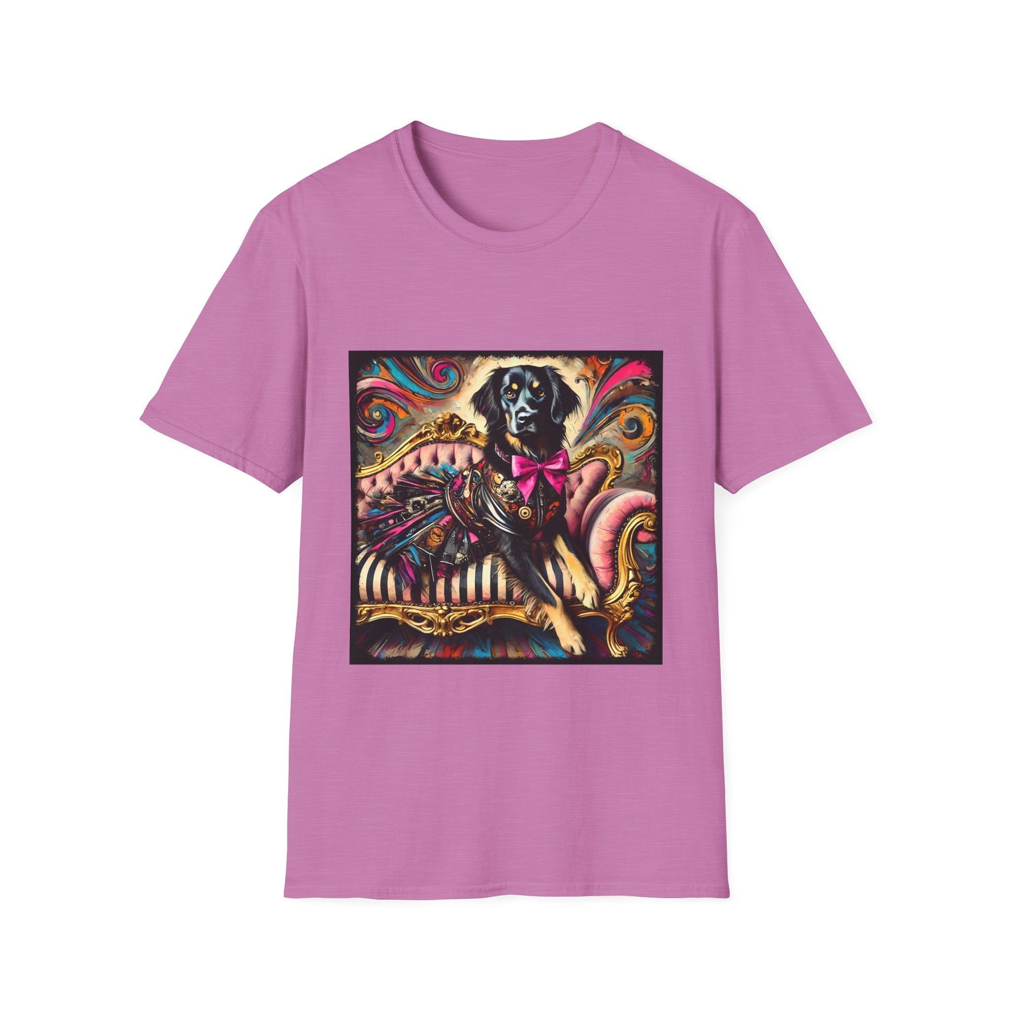 Heather radiant orchid dog t-shirt with black retriever in edgy outfit and pink bow on striped settee, swirl backdrop.